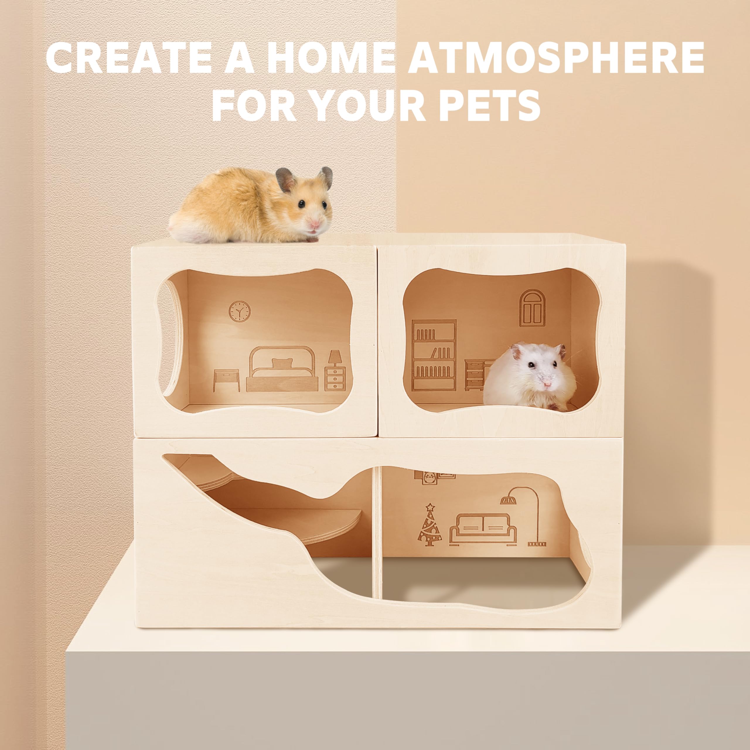 Hamster Hideout Wooden House,Hamsters Multi Chamber Hideout,Small Animal Habitat for Clear Observation,Hamster Toys for Dwarf Hamstersm,Gerbils - Image 2