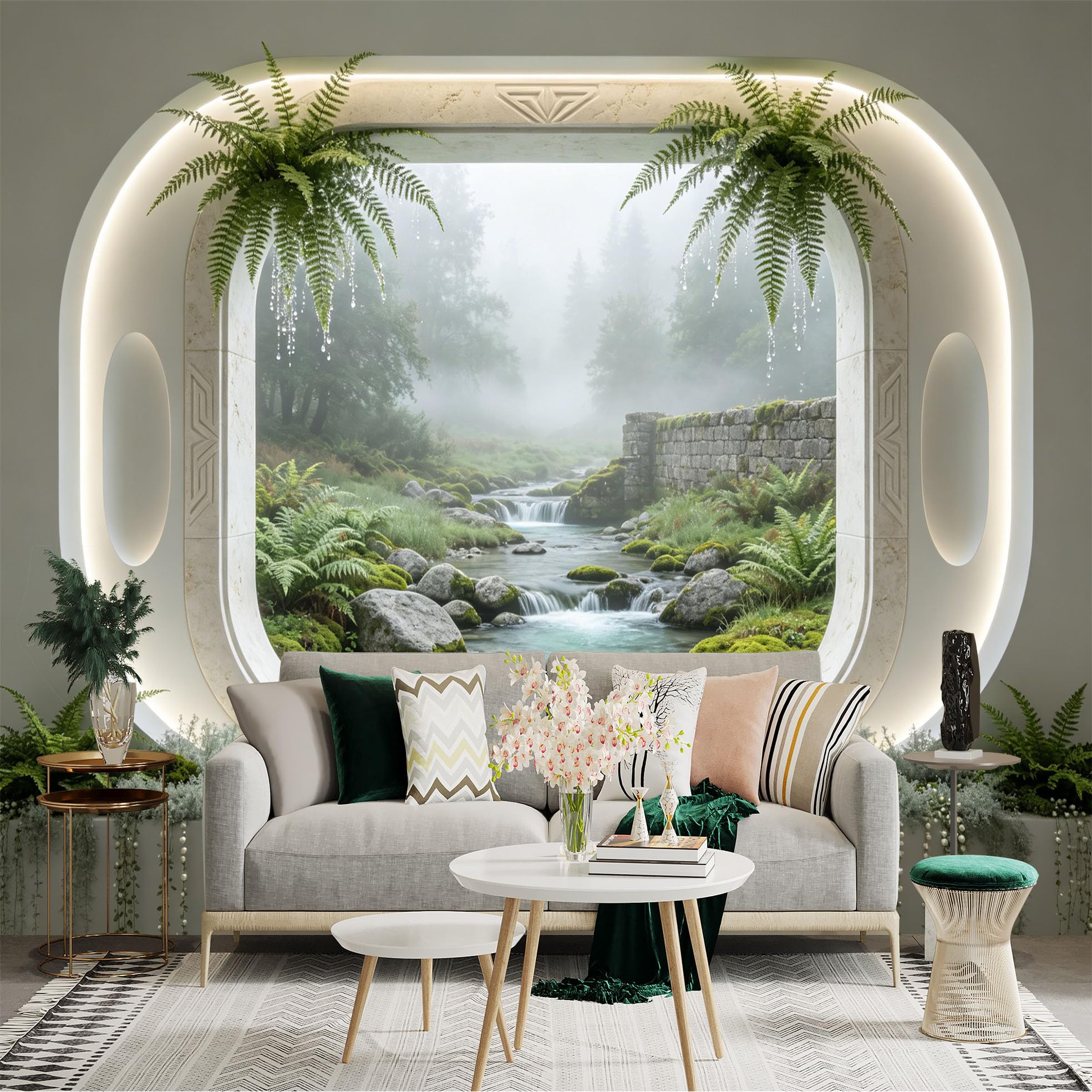 Custom Size Wall Sticker Mural， Misty Forest Stream with Ferns and Stone Bridge， for wall Decoration， peelandstick wall Decals.