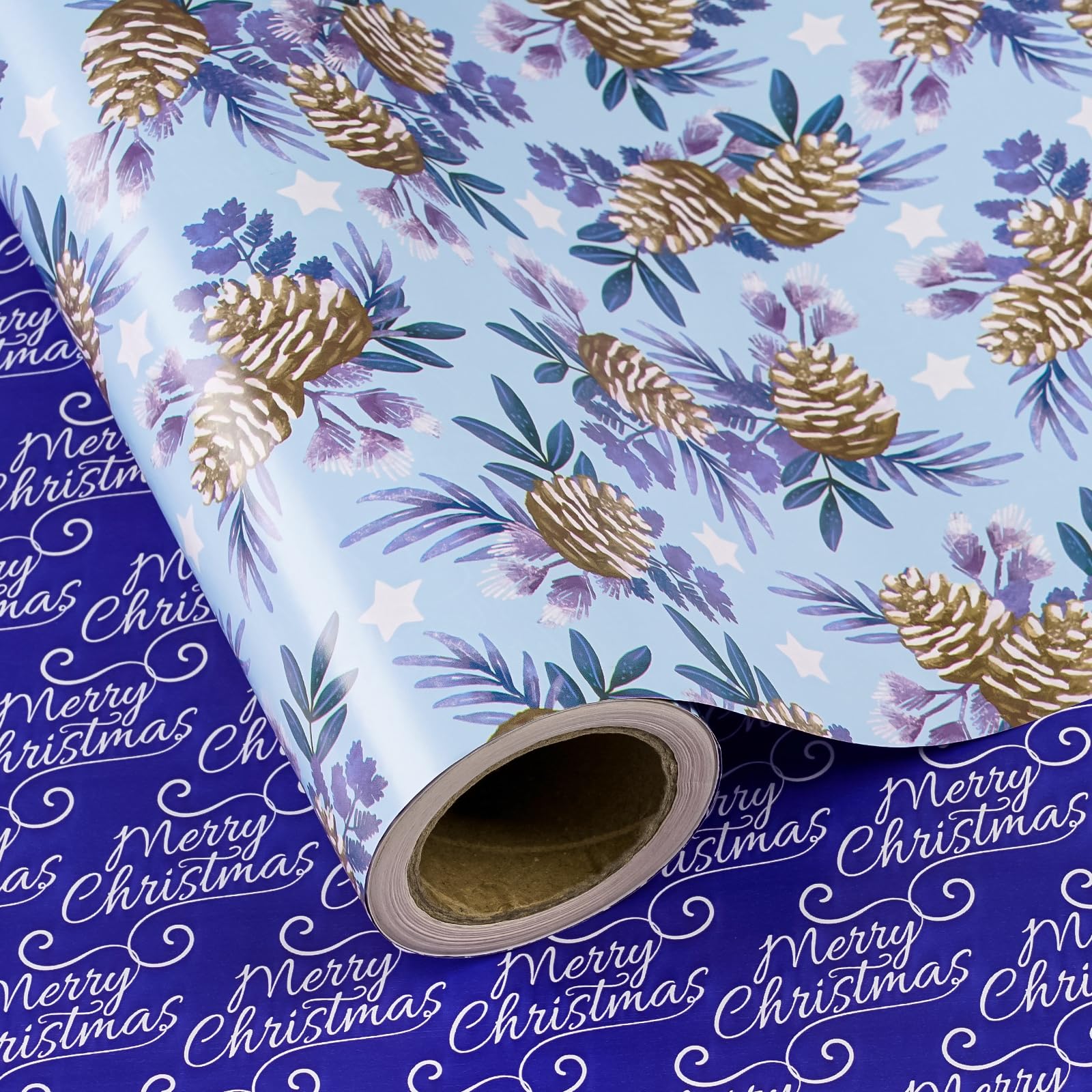 RUSPEPA Reversible Christmas Wrapping Paper - Mini Roll - 43.2cm x 10m - Pinecone and Merry Christmas Blue Wrapping Paper for Xmas, Party Celebration