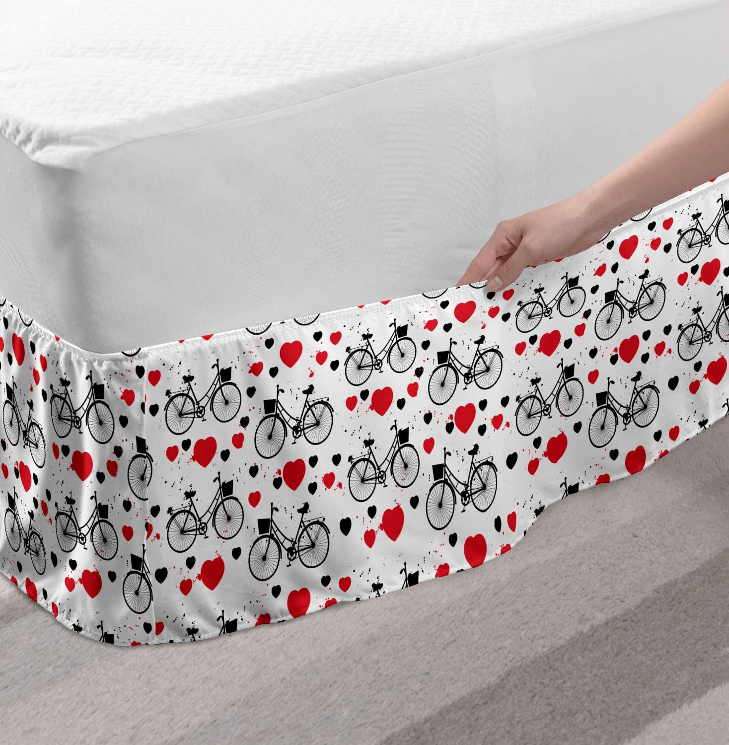 Lunarable Romantic Bed Skirt, Grunge Heart Background with Bicycle Silhouettes Valentine's Day Love Image, Elastic Bedskirt Dust Ruffle Wrap Around for Bedding Decor, Full, Red Black White