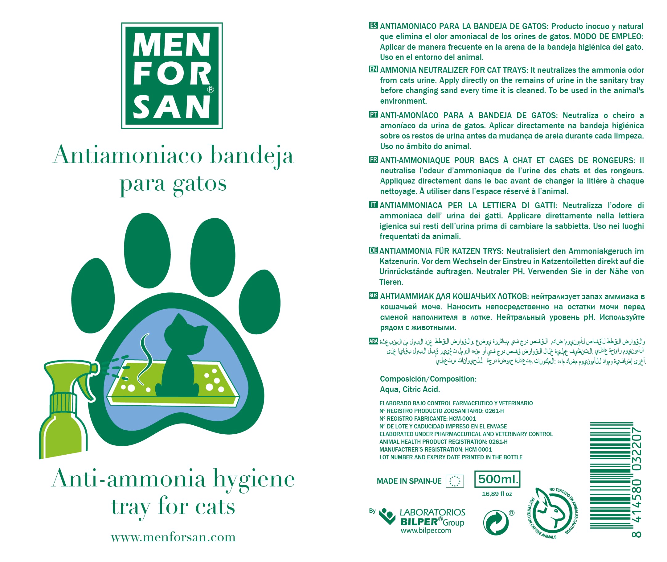 MENFORSAN Antiammoniac Plateaux de Chat 500 ML, élimine Les odeurs d'urine, n'est Pas Toxique