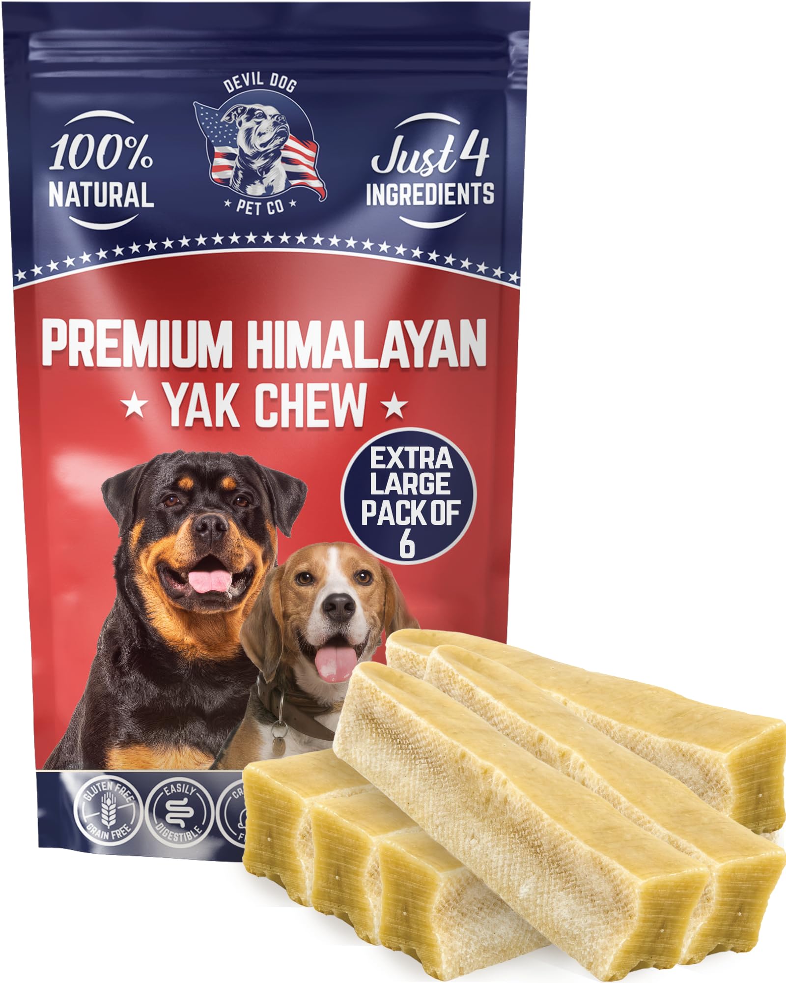Devil Dog Pet Co. Himalayan Yak Cheese Dog Chews, Extra Large - 6 Pack, 100% Natural & Healthy, Lactose-Free, Long-Lasting Dog Treats, Premium Yak