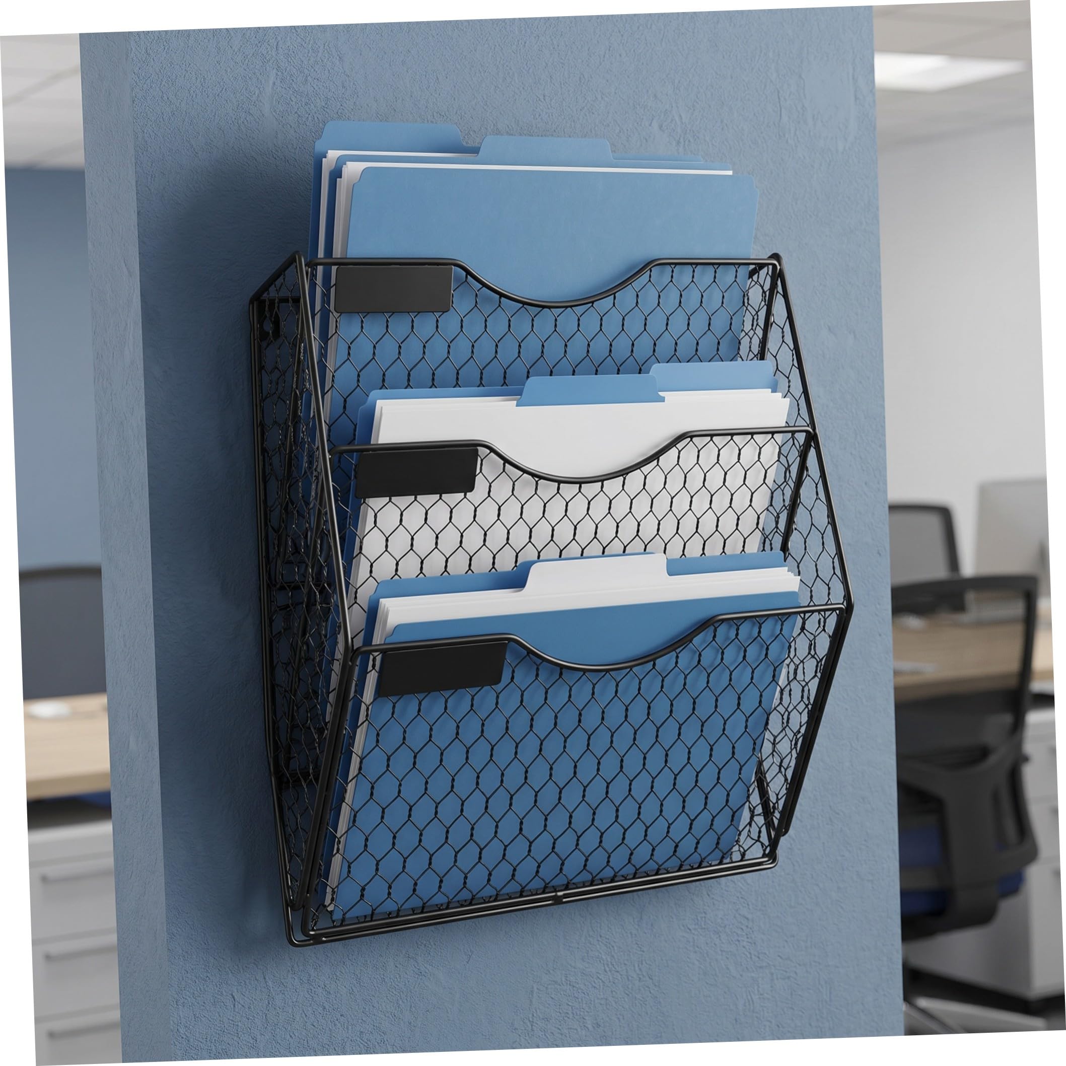 VILLCASE Organizador de Archivos de Pared Negro de Metal 3 Compartimentos y Diseño Moderno para Oficina y Escuela, Ahorra Espacio y Mantiene Documentos Ordenados