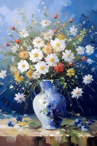 Compr Kit de pintura de diamantes de flores en jarrón con fondo azul, arte de diamantes de flores para adultos, para decoración de pared del hogar,