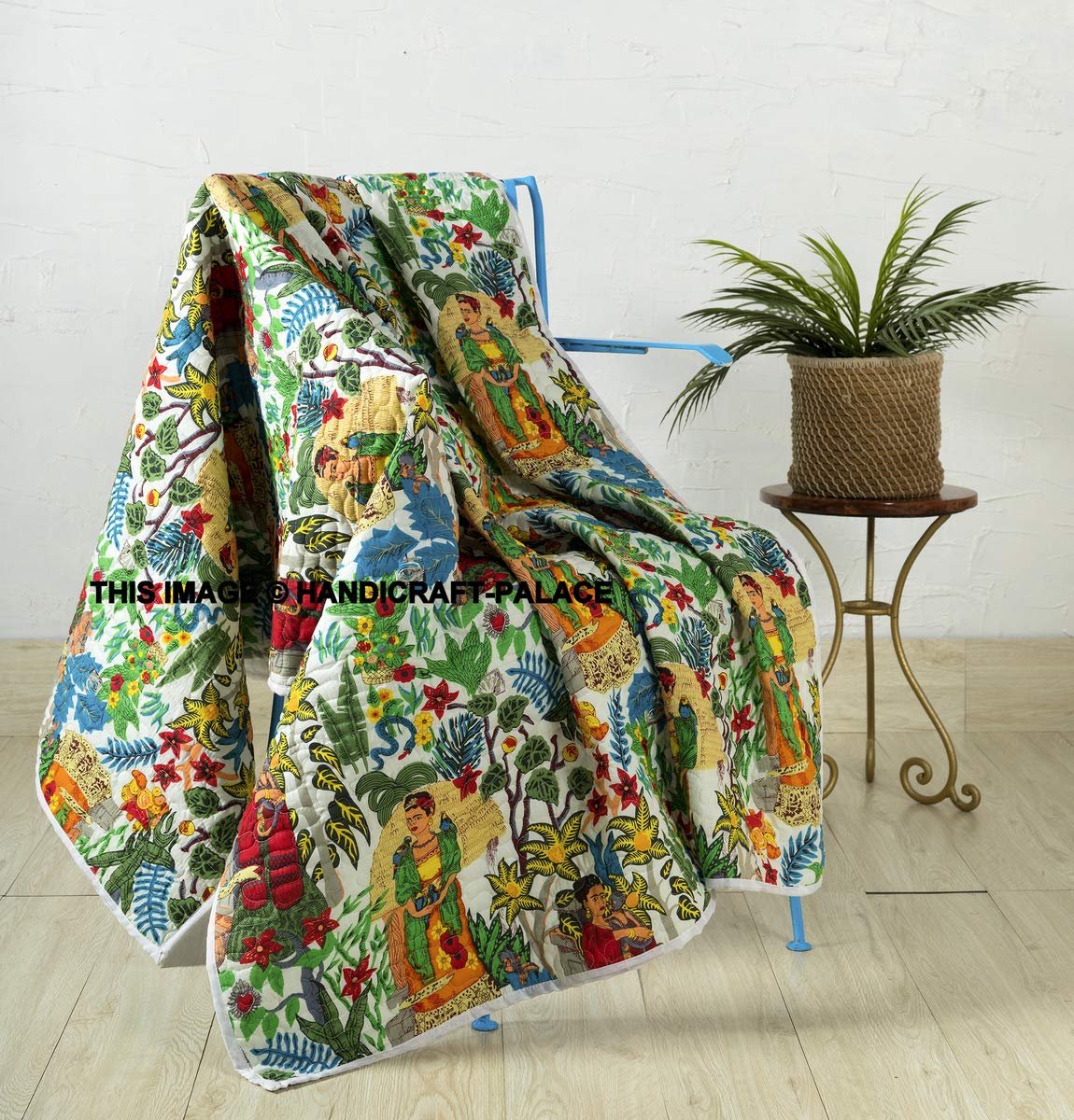 Handmade Owl Printed Cotton Throw Decorative Machine Quilted Soft Blanket Throw (50"x70", White Base On Multicolor)