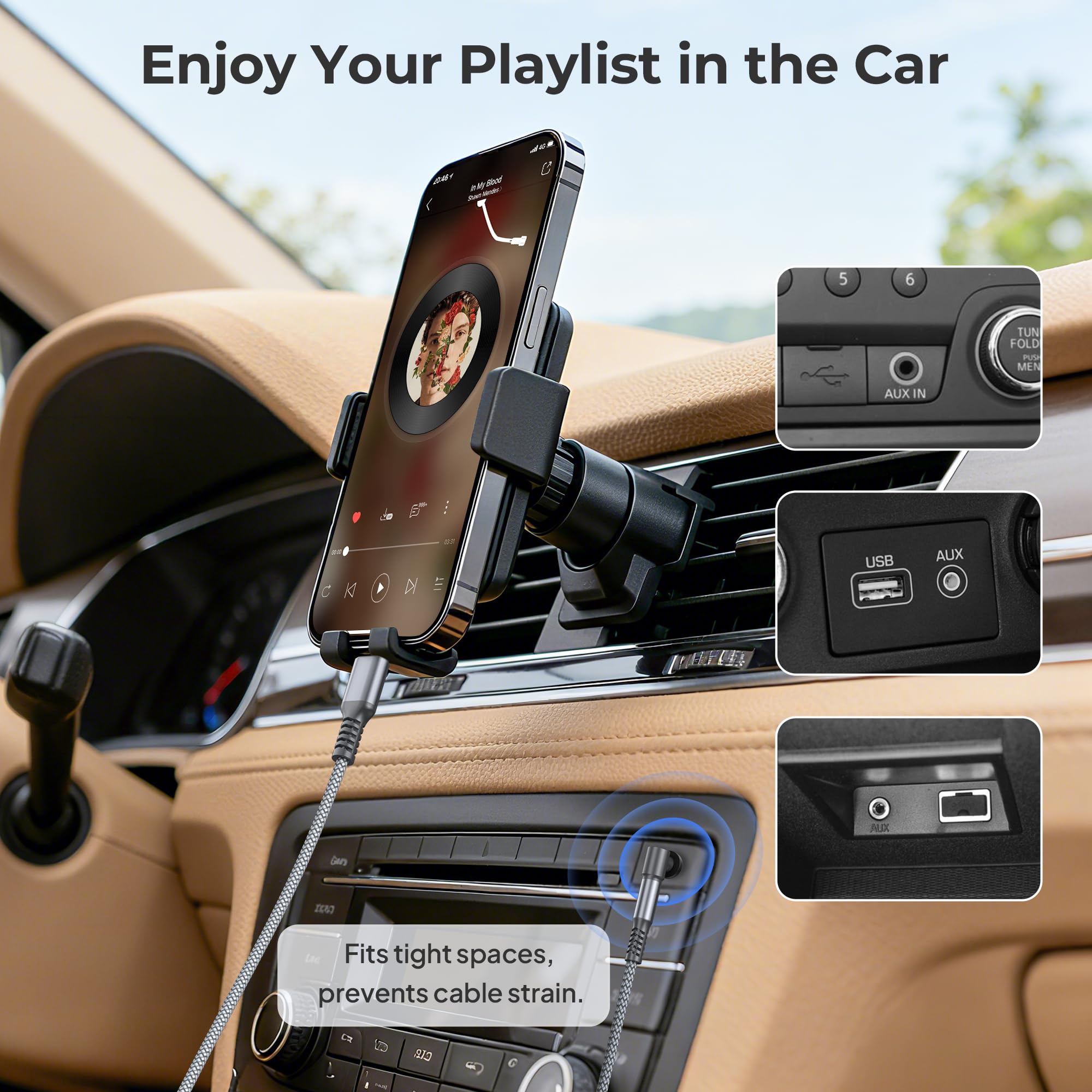 Cavo Auto 2-in-1 MFI: Lightning A 3.5mm Aux + Ricarica USB – 1,2m – Intrecciato