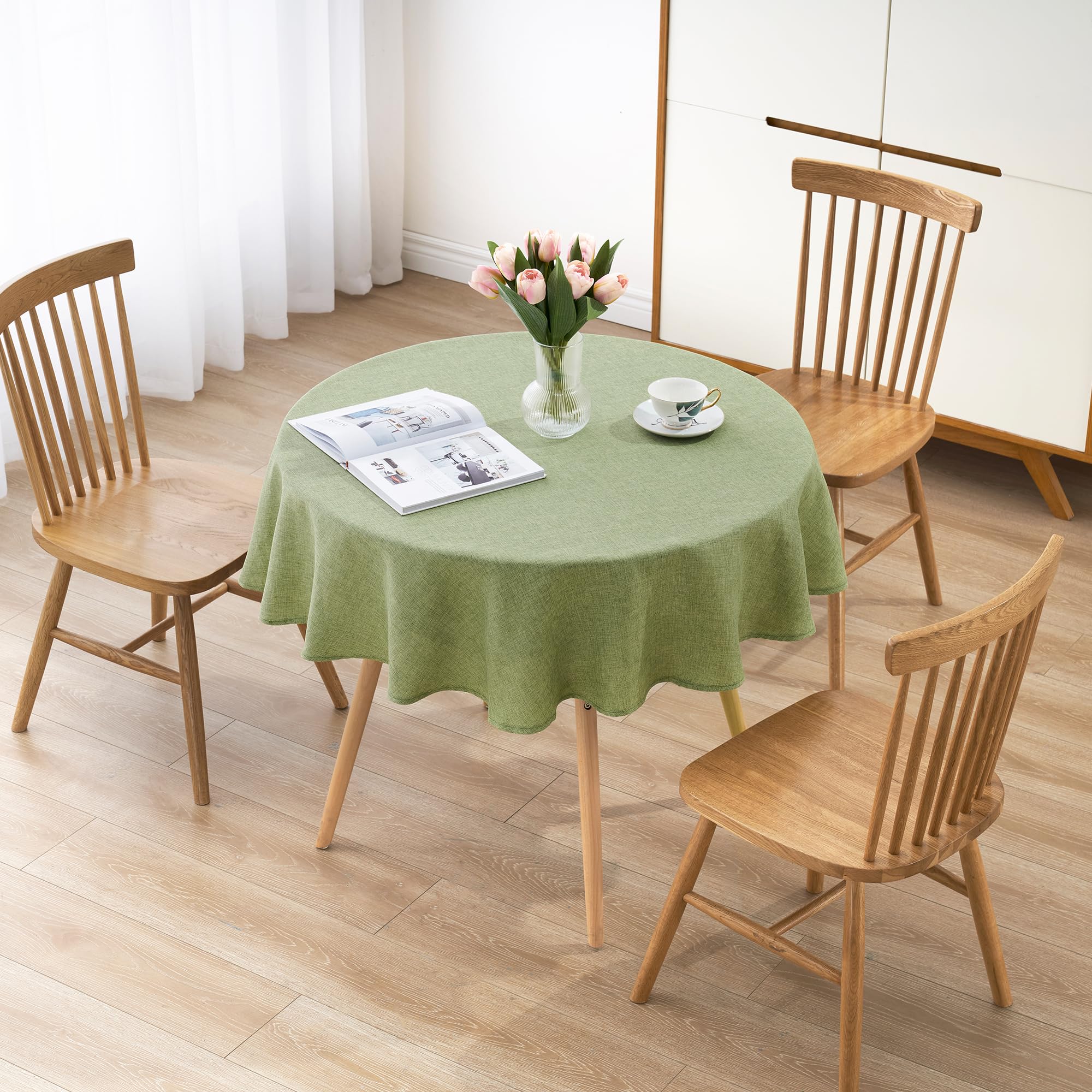 Decomira Mantel de Mesa Redondo Aspecto Lino - Repelente al Agua, Antimanchas, Lavable - como Mantel de Jardín o para Mesa de Comedor - Verde - 200 cm Redondo