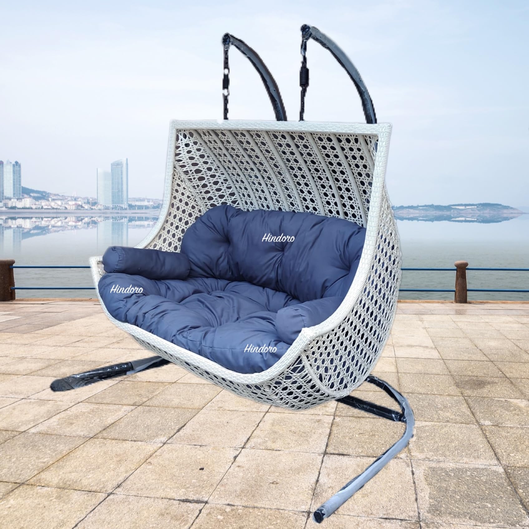 Hindoro Hanging Chair with Iron Frame Hand Woven Rattan Wicker Hammock Hanging Basket Luxury Balcony Garden Furniture 2 Seater Hanging Swing with Stand & Cushion (Off White)-image-18
