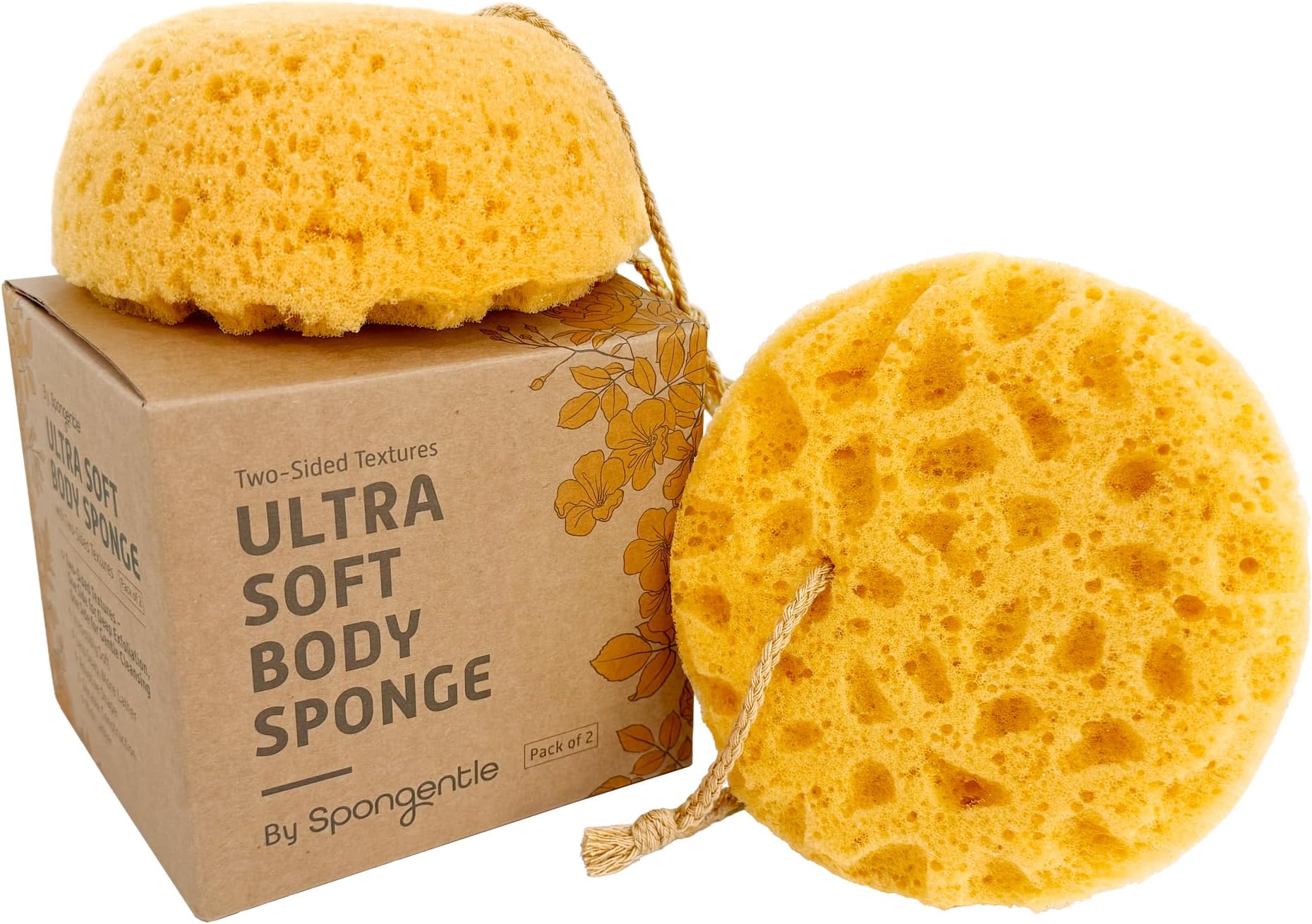 Spongentle Loofah Sponge for Shower and Bathing, Bath Sponge with Dual Texture, Shower Pouf for Gentle and Deep Exfoliation, Large Size Body Scrubber for Men & Women, PU Foam, 37% More Lather, 2 Pack