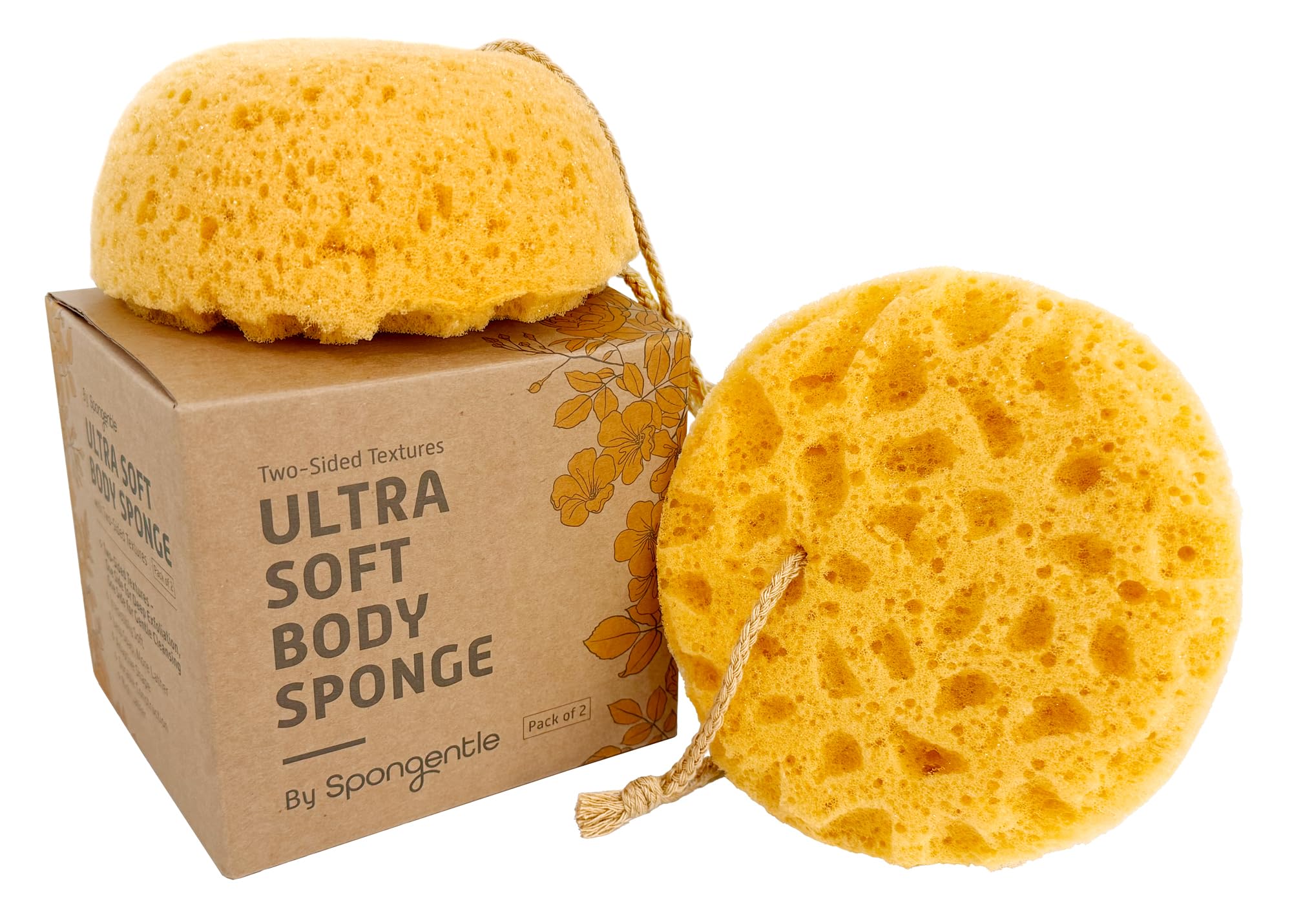 Spongentle Loofah Sponge for Shower and Bathing, Bath Sponge with Dual Texture, Shower Pouf for Gentle and Deep Exfoliation, Large Size Body Scrubber for Men & Women, PU Foam, 37% More Lather, 2 Pack