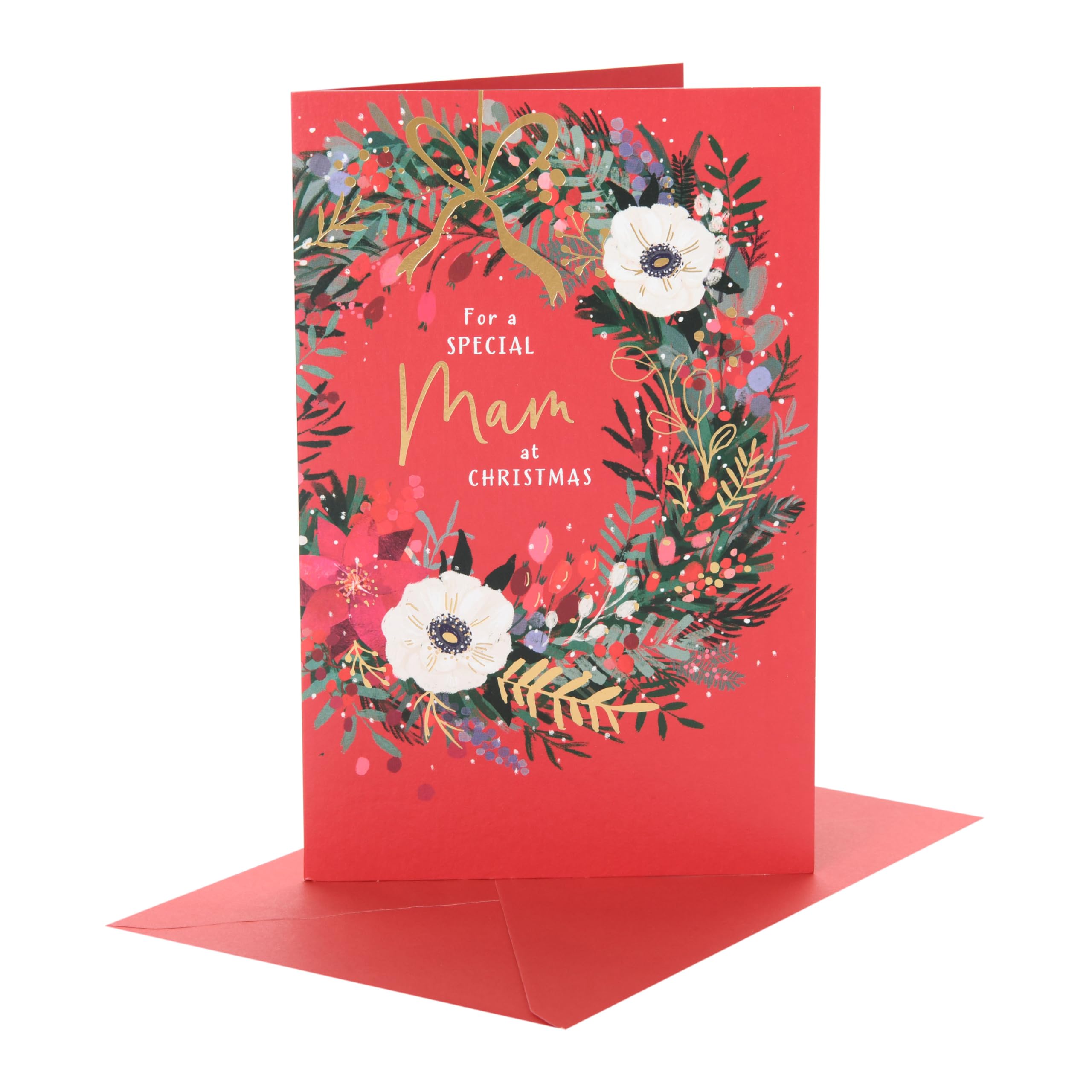 UK Greetings | Christmas Card for Mam | Xmas Presents | Her, Girls, Women | wreath | With Envelope | 22.9 x 14.9 cm