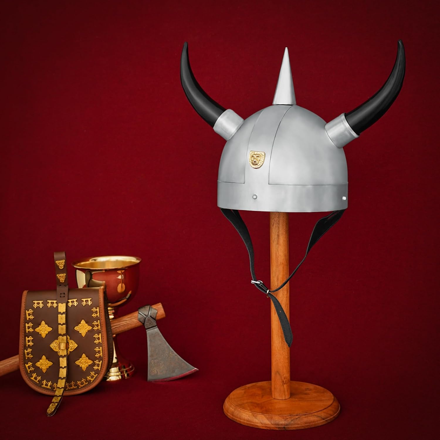 Mythrojan Viking Helmet with Horns Medieval Steel Helmet Viking Costume Hat Heavy Duty 20 Gauge Warrior Helm with Natural Horn for SCA,LARP, Historical Reenactment