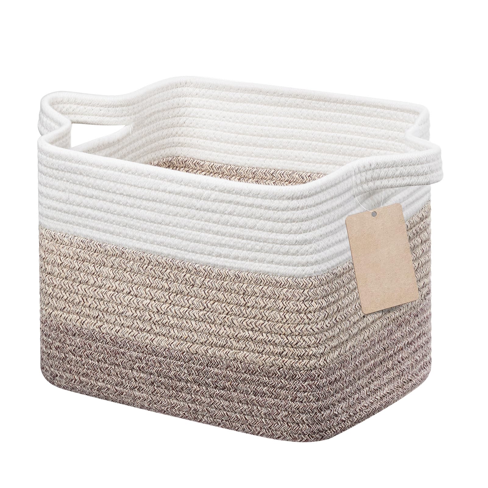 JOJOSEE Small Woven Storage Basket, Cotton Rope Basket for Shelves, Square Shelf Baskets for Home Bathroom Closet Organizer (Brown, 33x25x22.5cm)