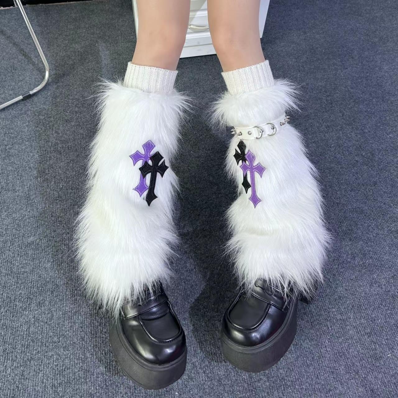 CHERSE Furry Leg Warmers for Women 3in1 Kawaii Star Bone Plush Y2K Leg Socks Pink Lolita Faux Fur 80s Harajuku Punk Gothic: White Cross 3in1