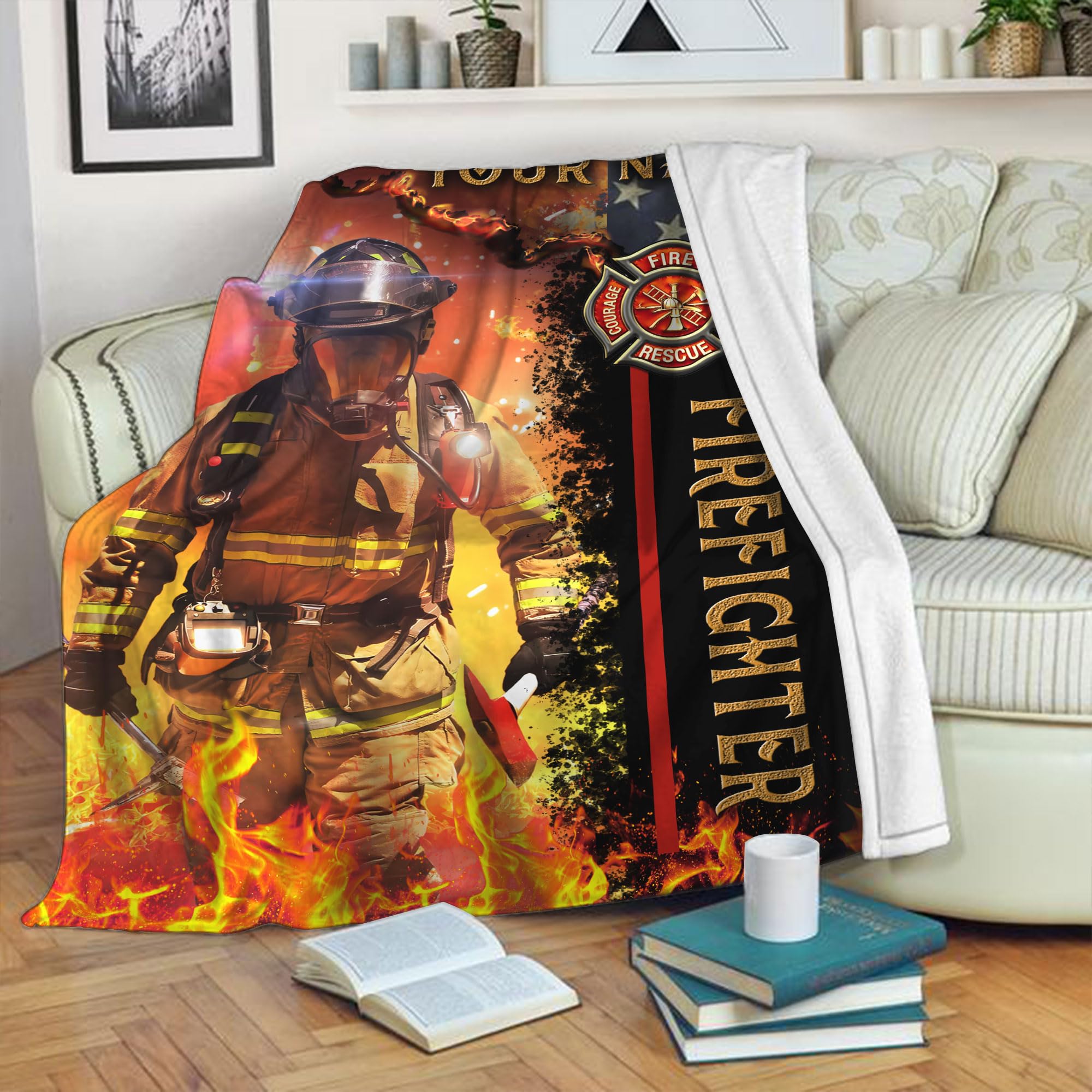 Piratify Personalized Name Firefighter Blanket, Fire Department Blanket, Firefighter Blankets for Men Women, Firefighter Throw Blanket (Multi 3)