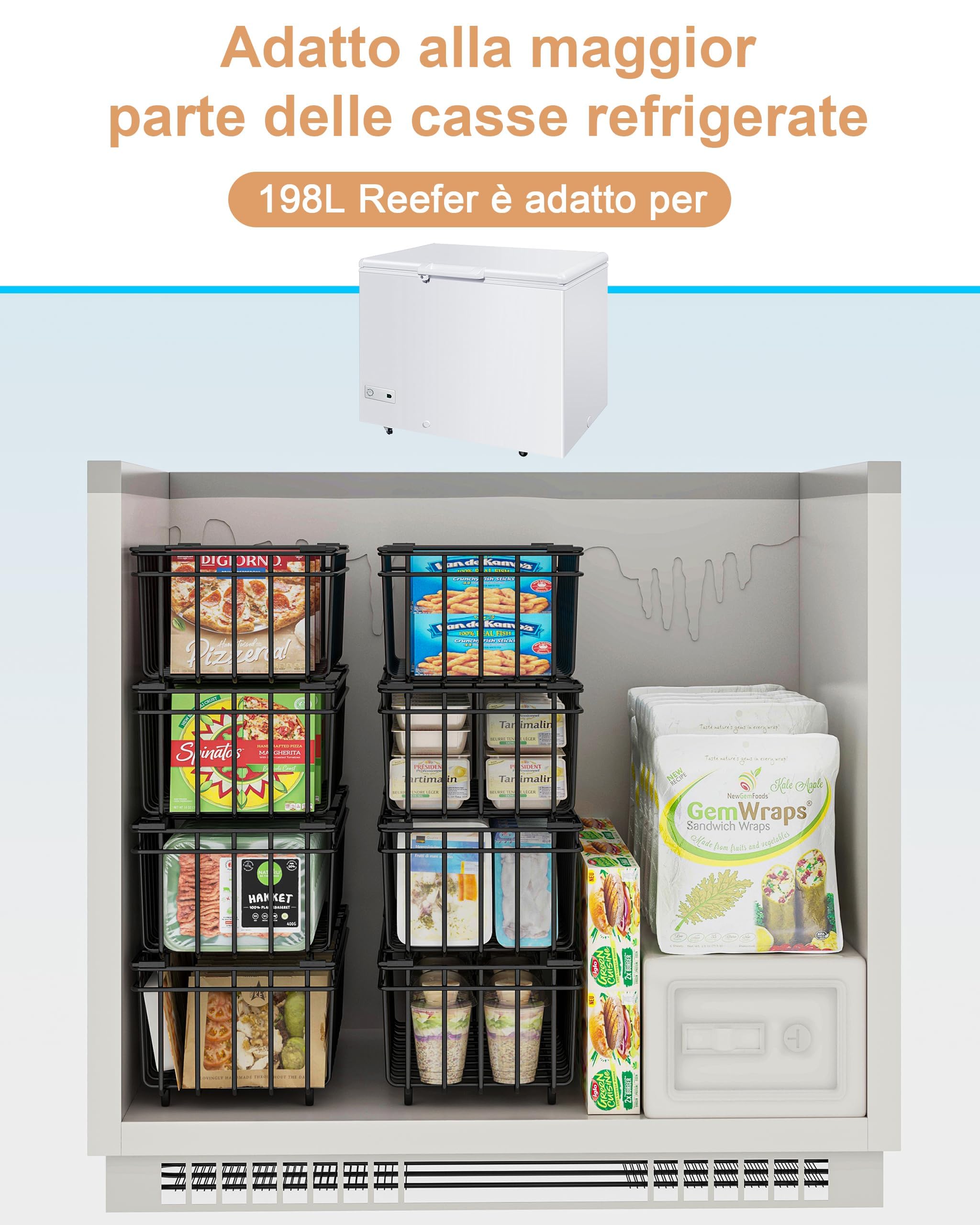 UMDONX 8 pezzi cestini congelatore petto Nero - Maniglia impilabile cestini congelatore, facile accesso, organizzare gli ingredienti congelati (37x18x15cm)