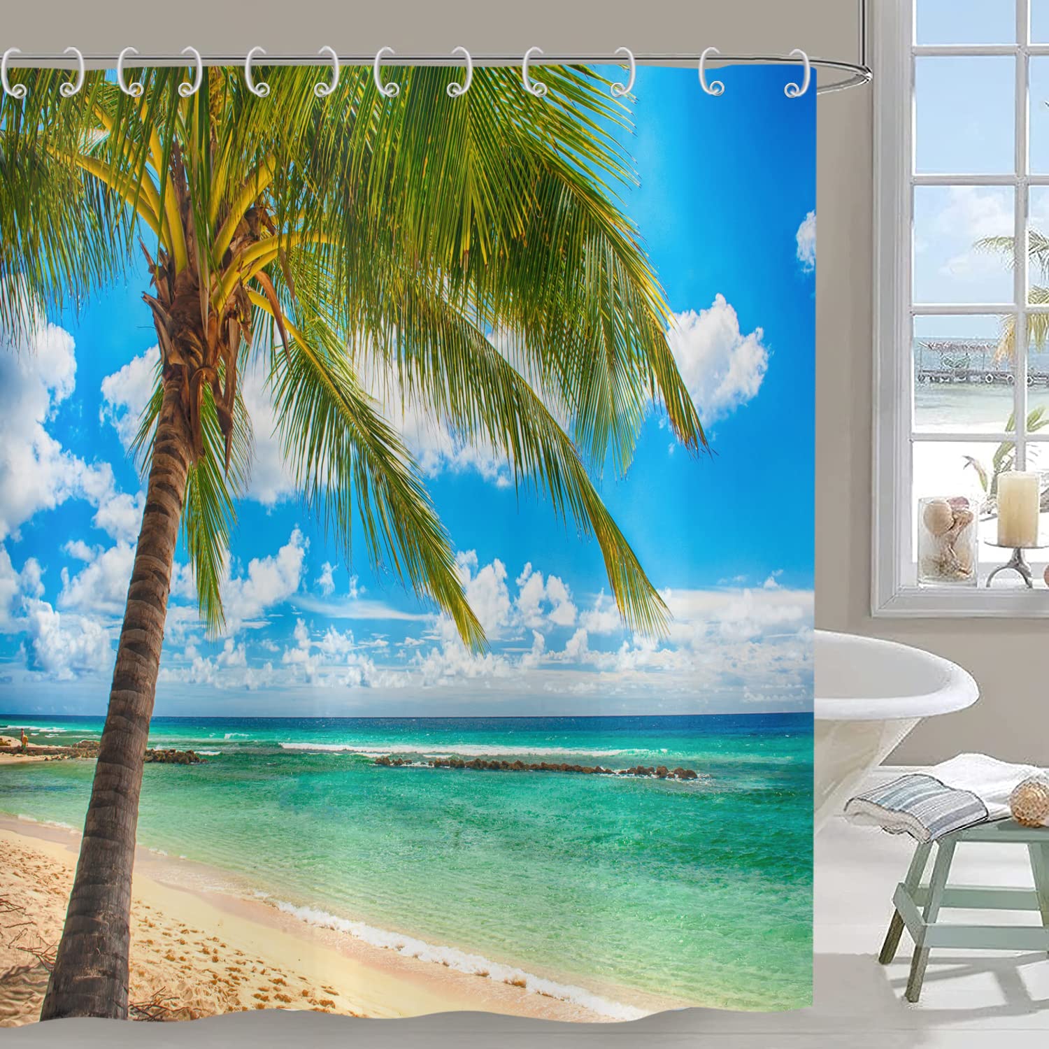 Hnmdmyi Ocean Beach Shower Curtain 150x180, Tropical Palm Trees Seaside Island Blue Sky Hawaiian Landscape Bathroom Curtains with Hooks Waterproof Polyester Fabric Washable Bath Curtains for Wet Room