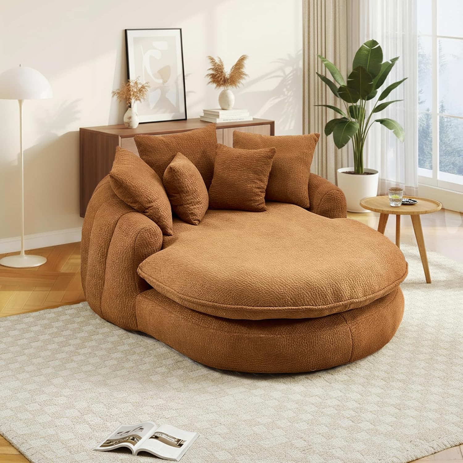 71" Oversized Chaise Lounge Chair Indoor, Oval Chenille Upholstered Deep Seat Cloud Chair with 5 Throw Pillows, Boneless Chaise Lounge for Living Room, Bedroom, No Assembly Required (Orange, 71")