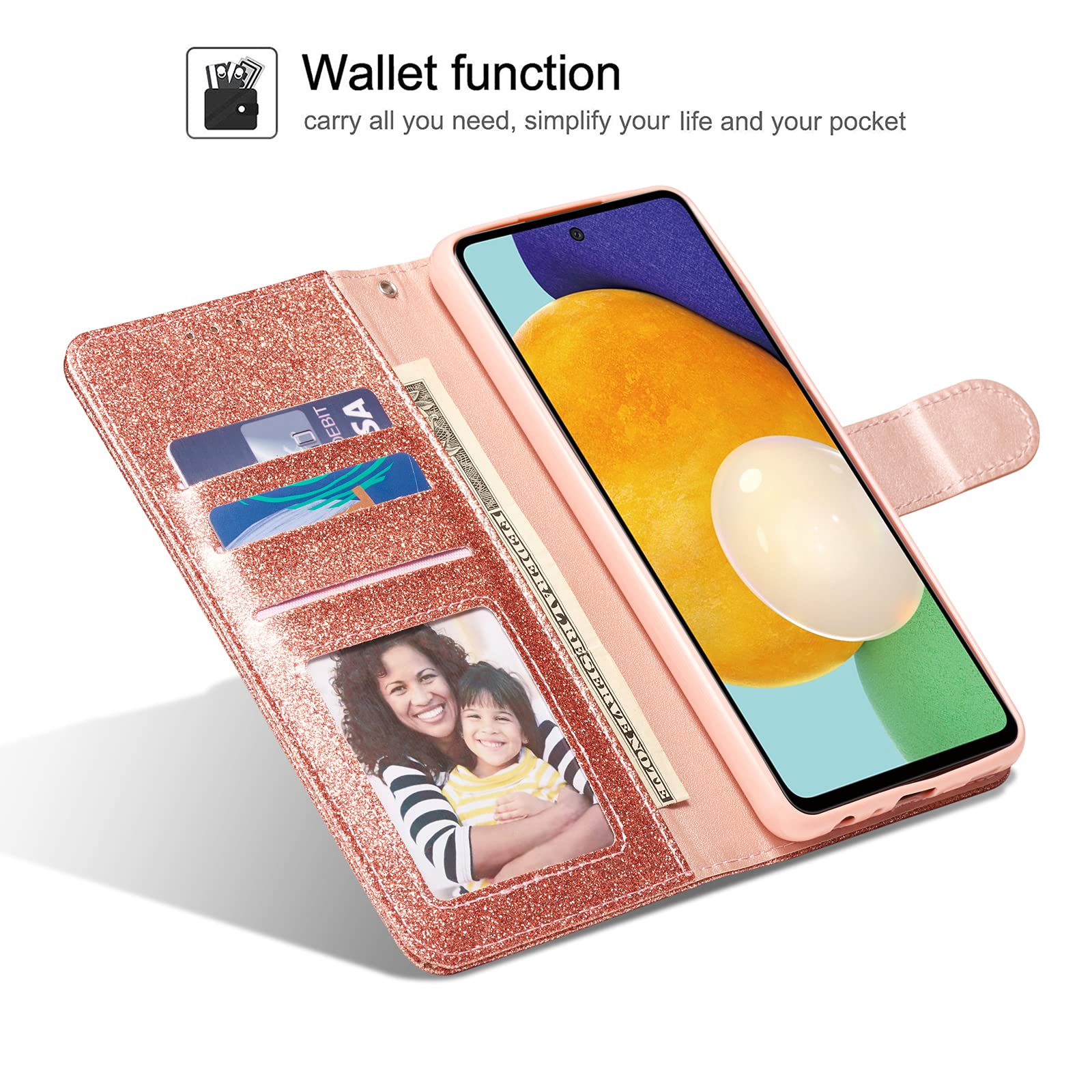 QLTYPRI Samsung Galaxy A53 5G Case Wallet Case Bling Shiny Glitter Flip Folio Case Full-Body Protective Cover Card Slots Magnetic Closure Kickstand Wrist Strap for Women Girls - Rose Gold