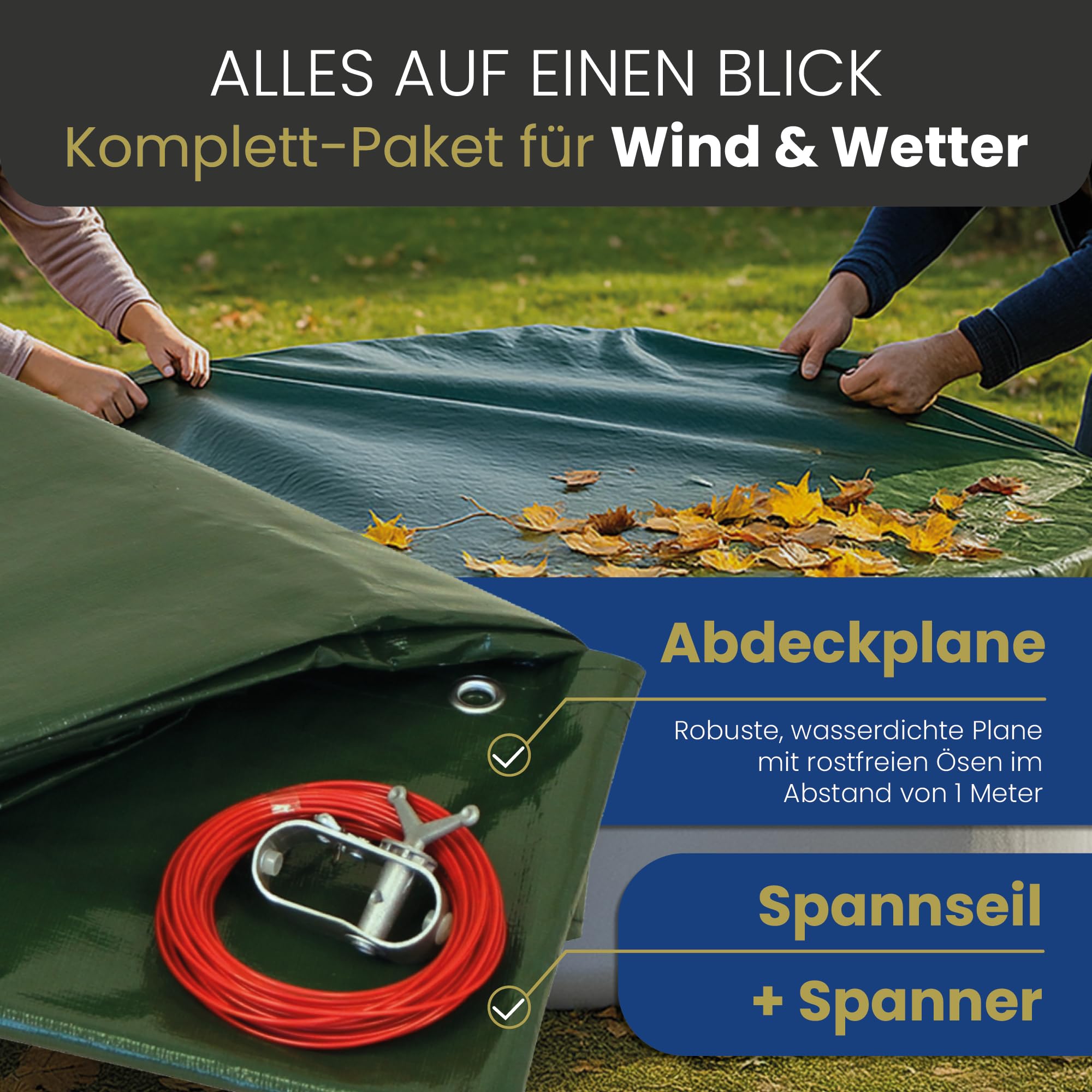 HAF - Poolabdeckung Rechteckig für Pools 800x400 cm (Planenmaß 880x480 cm) – Winterfeste Abdeckplane zur Poolabdeckung im Sommer und Winter – Poolplane (Winterabdeckung) aus wasserdichtem PE 180g/m²