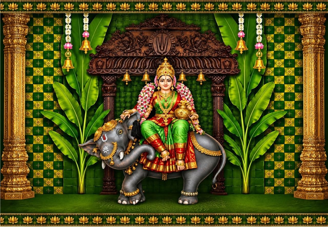 varalakshmi Pooja Decoration | Varalakshmi Vratam Background with Hanging Temple Bells, Golden Pillars and Banana Trees 6x8 Feet | Lakshmi poja Decorations Cloth-image-4