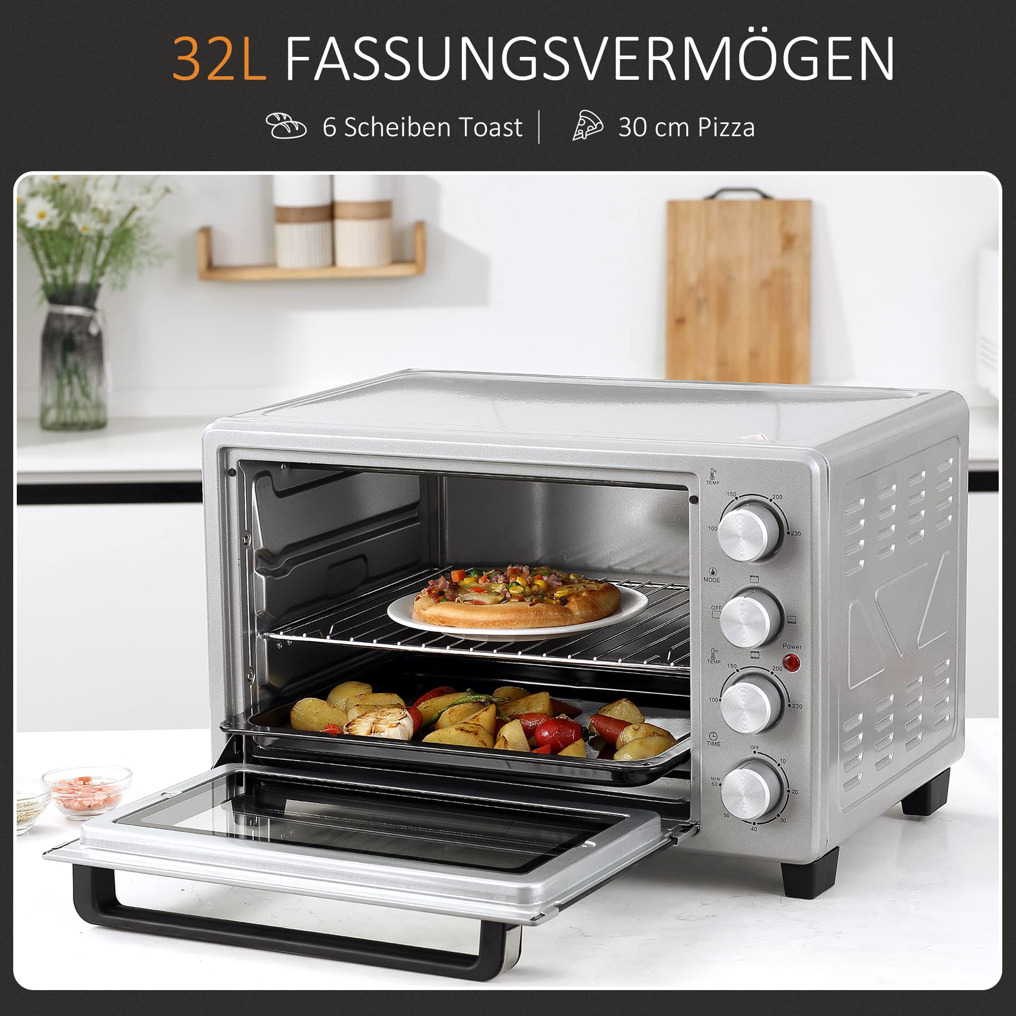HOMCOM minipiekarnik 32 l z płytami grzewczymi elektryczny piekarnik mini dno z tacką na okruchy metal stal nierdzewna szkło kolor srebrny 52,2 x 38,1 x 33,5 cm