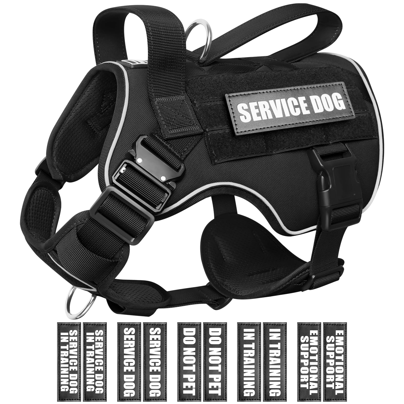WINSEE Tactical Dog Harness for Large Dog, Heavy Duty Service Dog MOLLE Vest with 10 Pet Patches, No Pull Military Working Vest for Training Hunting