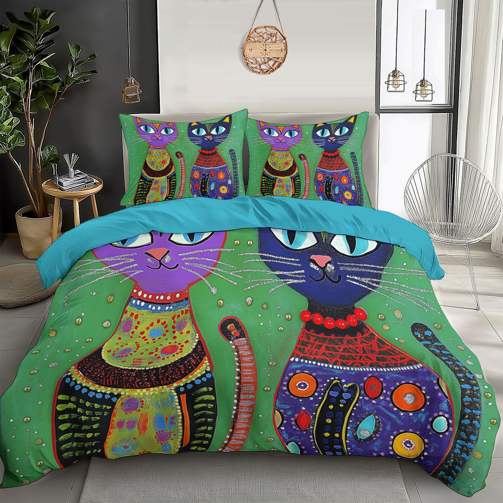 Housse de couette chat pour lit 2 personnes parure de lit 3 pièces animaux rétro violet