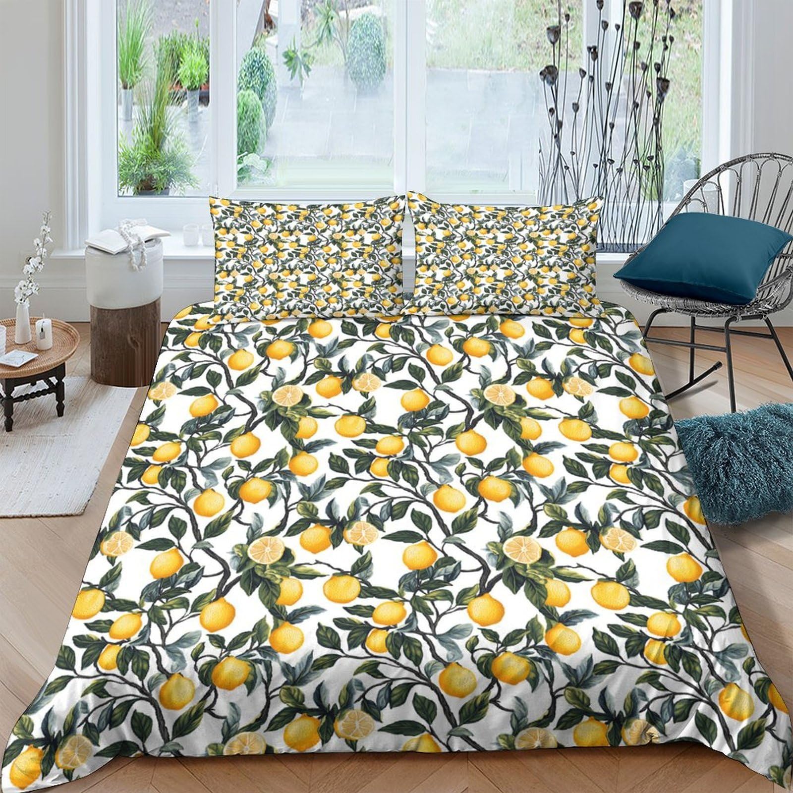 GPLZQXKJNH 3D Printed Lemon Botanical Duvet Cover Microfiber Soft Breathable Citrus Floral Bedding Set with 2 Pillowcases for Bedroom Decor Single（135x200cm）