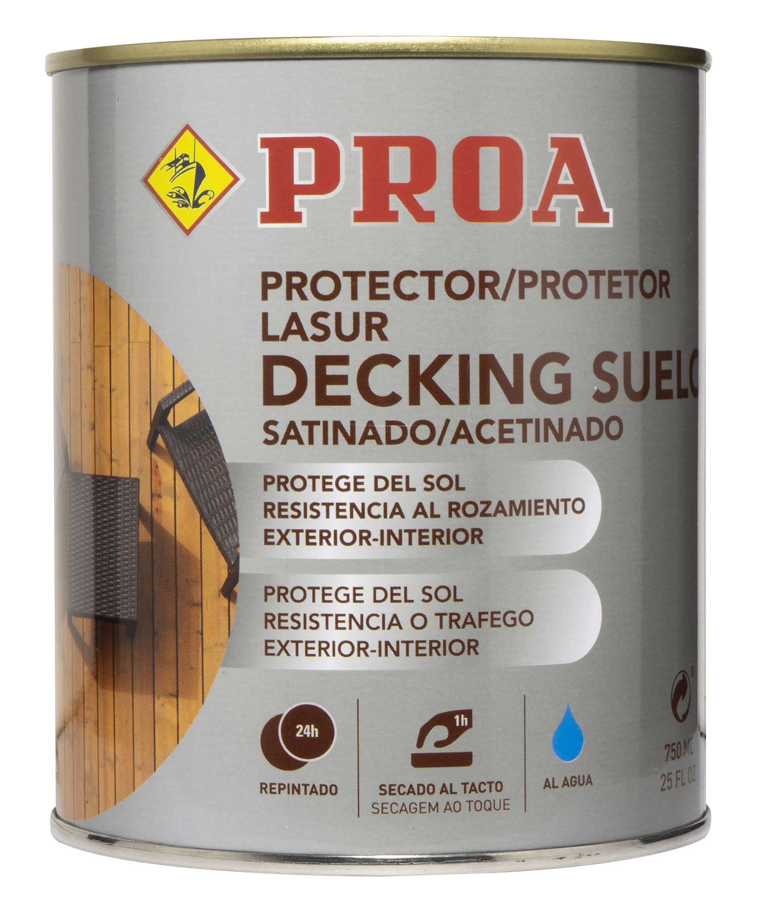Lasur protector Decking suelo para madera al agua. 4 L. Teca. Exterior. Cuida y protege la madera de suelos con acabado natural. Satinado. Proa.