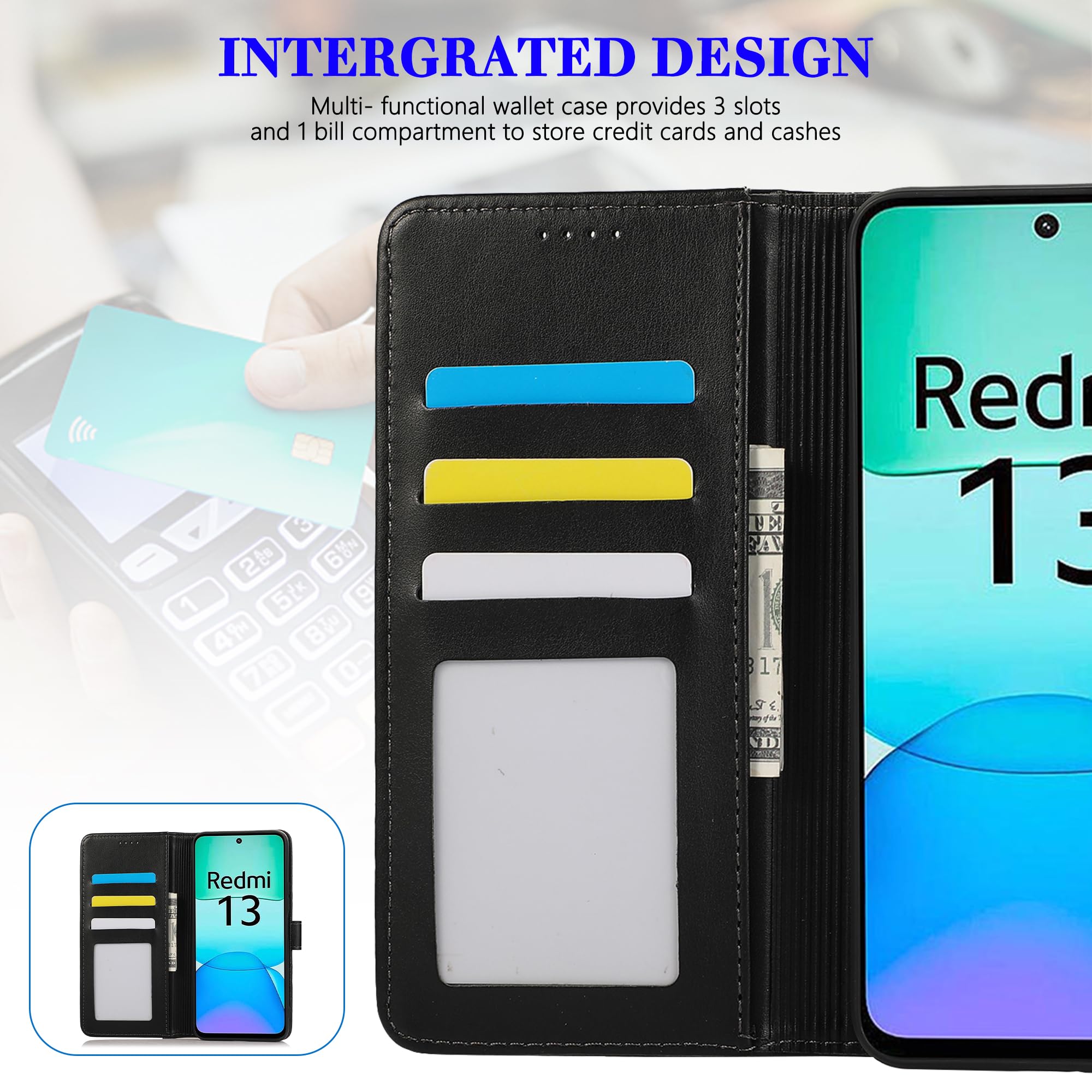Flip Lederhülle Für Xiaomi Redmi 13 4G – PU Leder Mit Ständer, Magnetverschluss & Kartenfächern, Schwarz