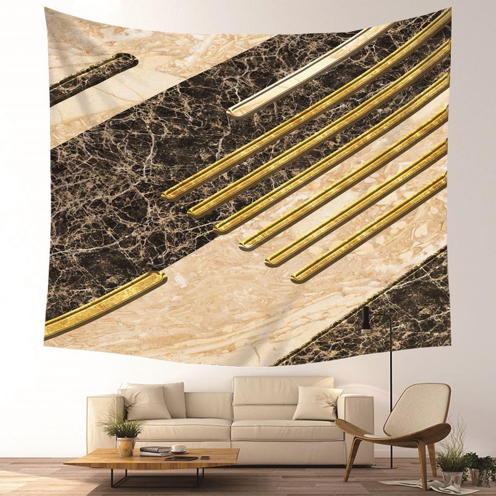 Homxi Wandteppich 260 x 240 CM,Polyester Tapestry Wand Tuch Marmormuster Wandtücher Decor Khaki Schwarz Gold