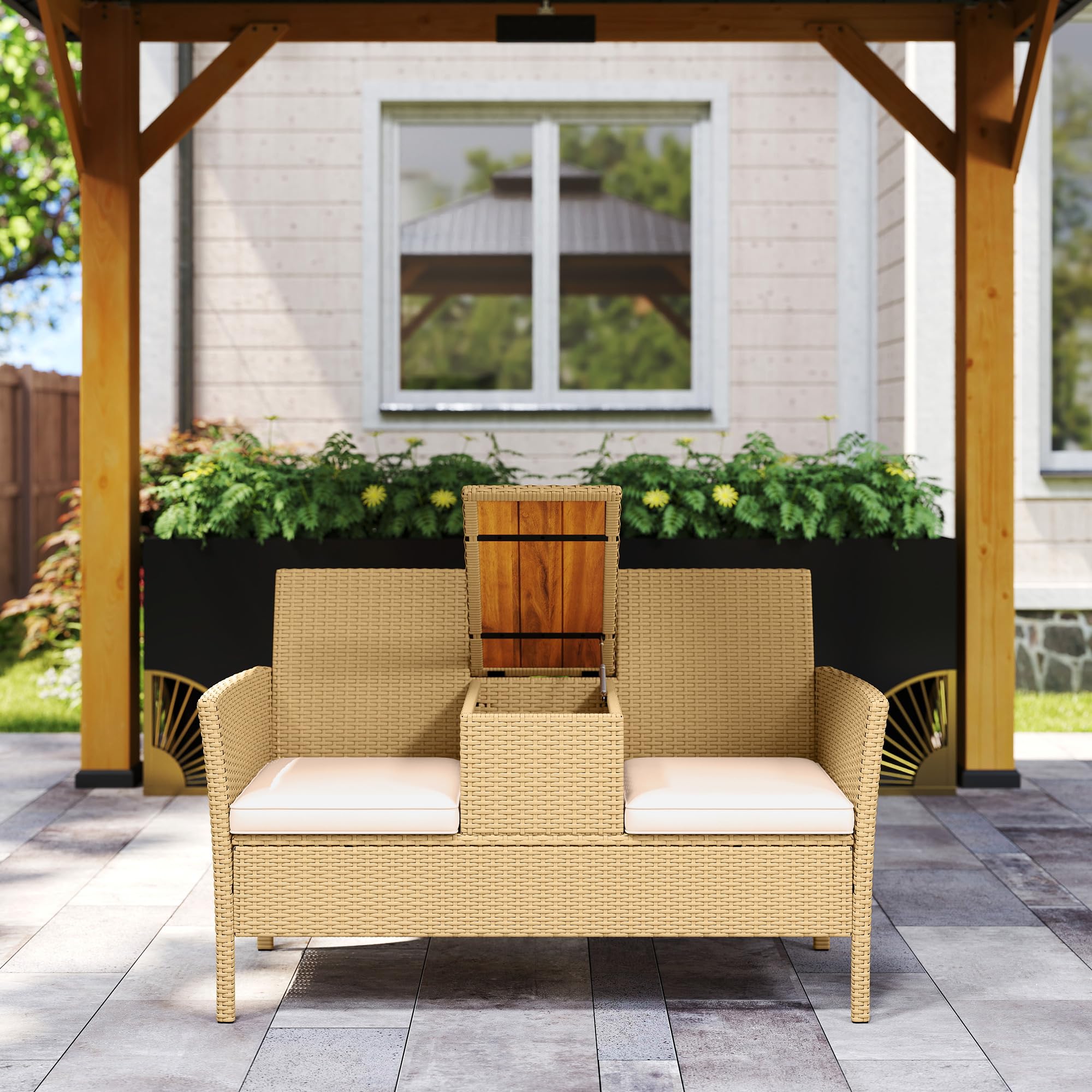 Outsunny Panchina da Giardino a 2 Posti in Rattan e Acciaio 134x58x82 cm | Panchina da Esterno con Cuscini, Tavolino a Ribalta con Spazio Portaoggetti Nascosto, Divano da Esterno, Crema e Cachi