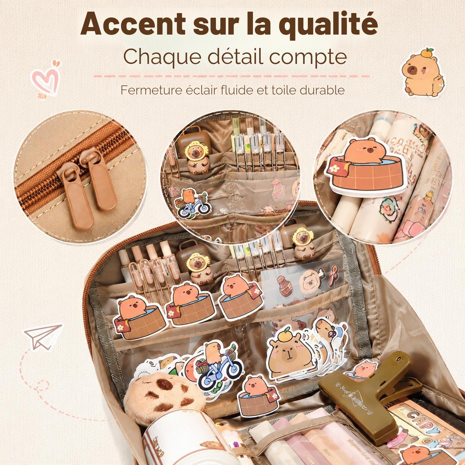 Trousse Capybara 81 Pièces Set, Capybara Papeterie avec Stylos, Pinces, Autocollants, Règles Et Plus Encore, Fournitures Scolaires et de Bureau, Cadeau Rentrée ou Anniversaire