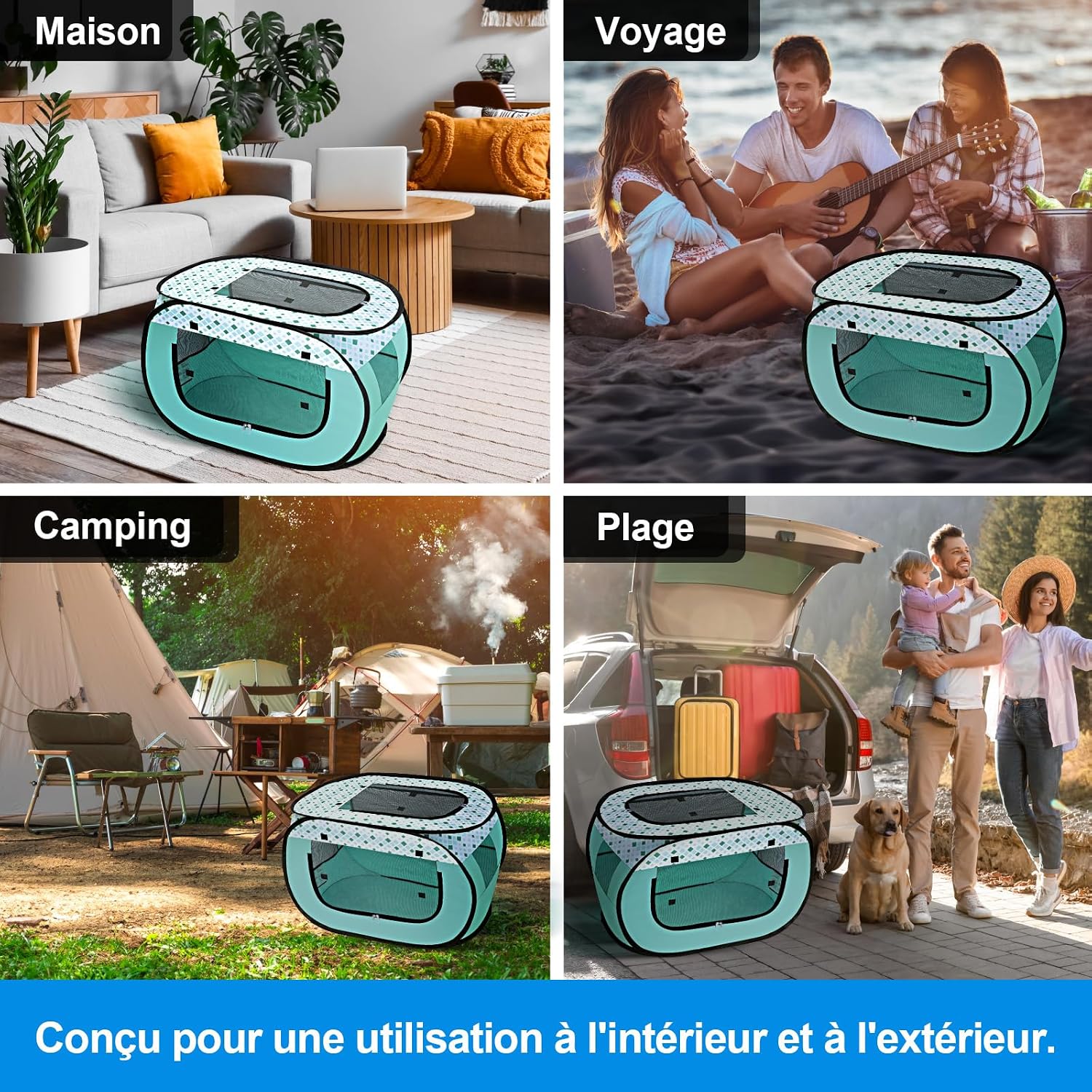 Wolfwise Pet Playpen shown in four different usage scenarios: at home, during travel, camping, and at the beach.