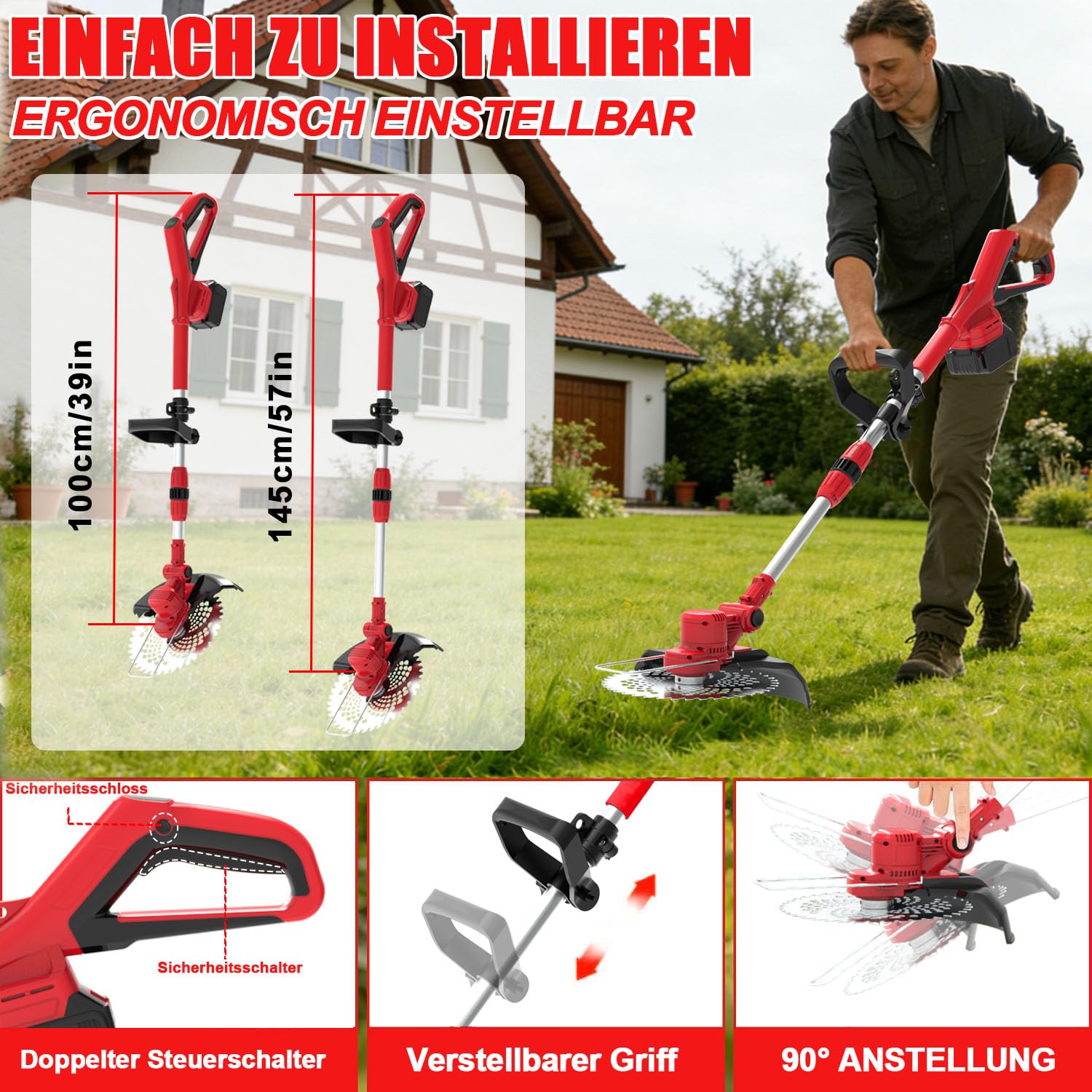 Rasentrimmer mit Akku,Akku Rasentrimmer für Makita-Akkus,21V Freischneider mit 2 Stück 4,0Ah Akkus & Ladegerät,4-In-1 Rasentrimmer mit UnkrautbüRste,für Rasen, Rasenkanten & Unkraut,Rot