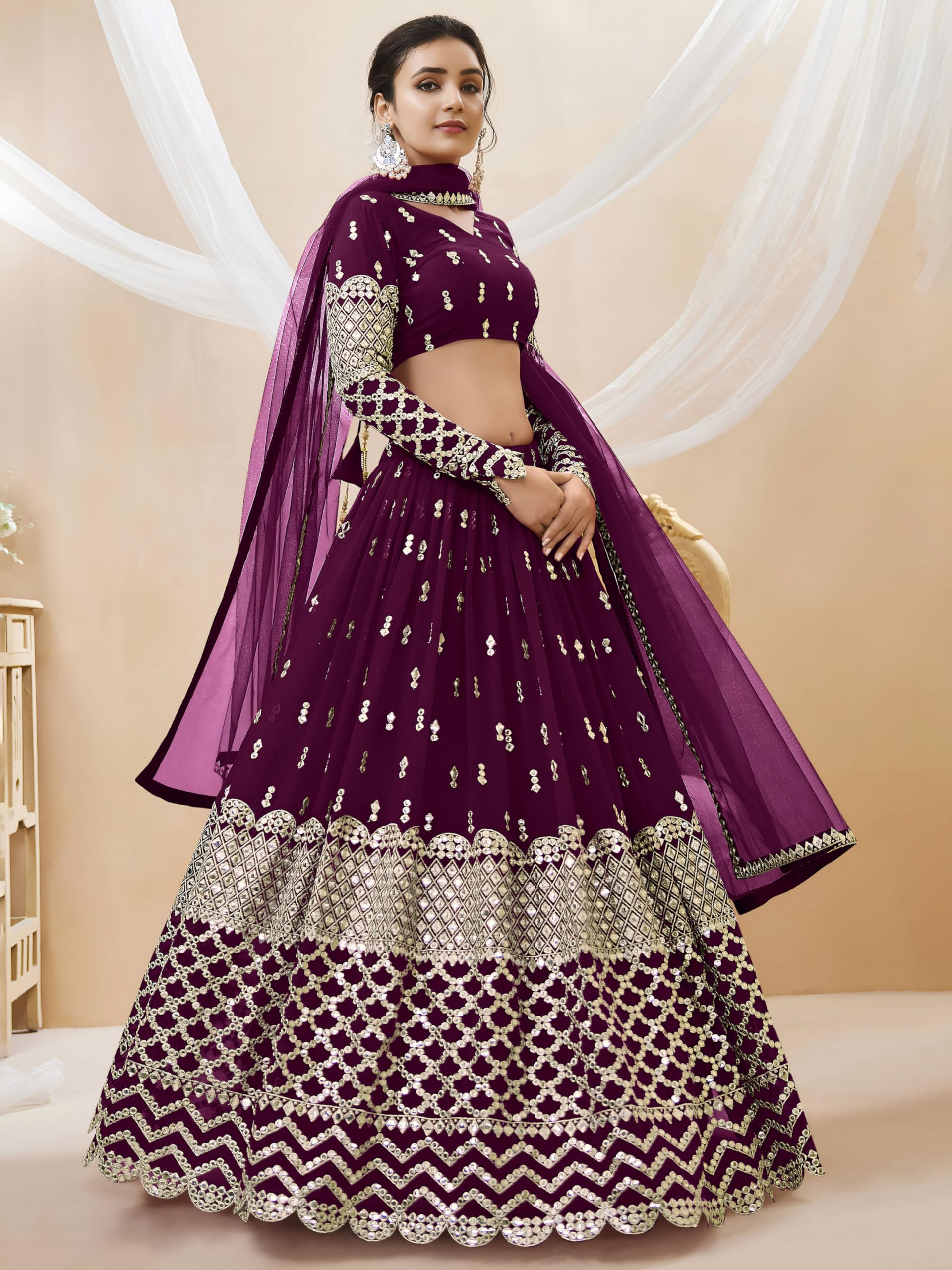 Zeel Clothing Women's Sequins Zari Embroidered Georgette Semi-stitched Lehenga Set For Women (304-Wine-Wedding-Bridal-Latest-New; Free Size) (Wine) 2