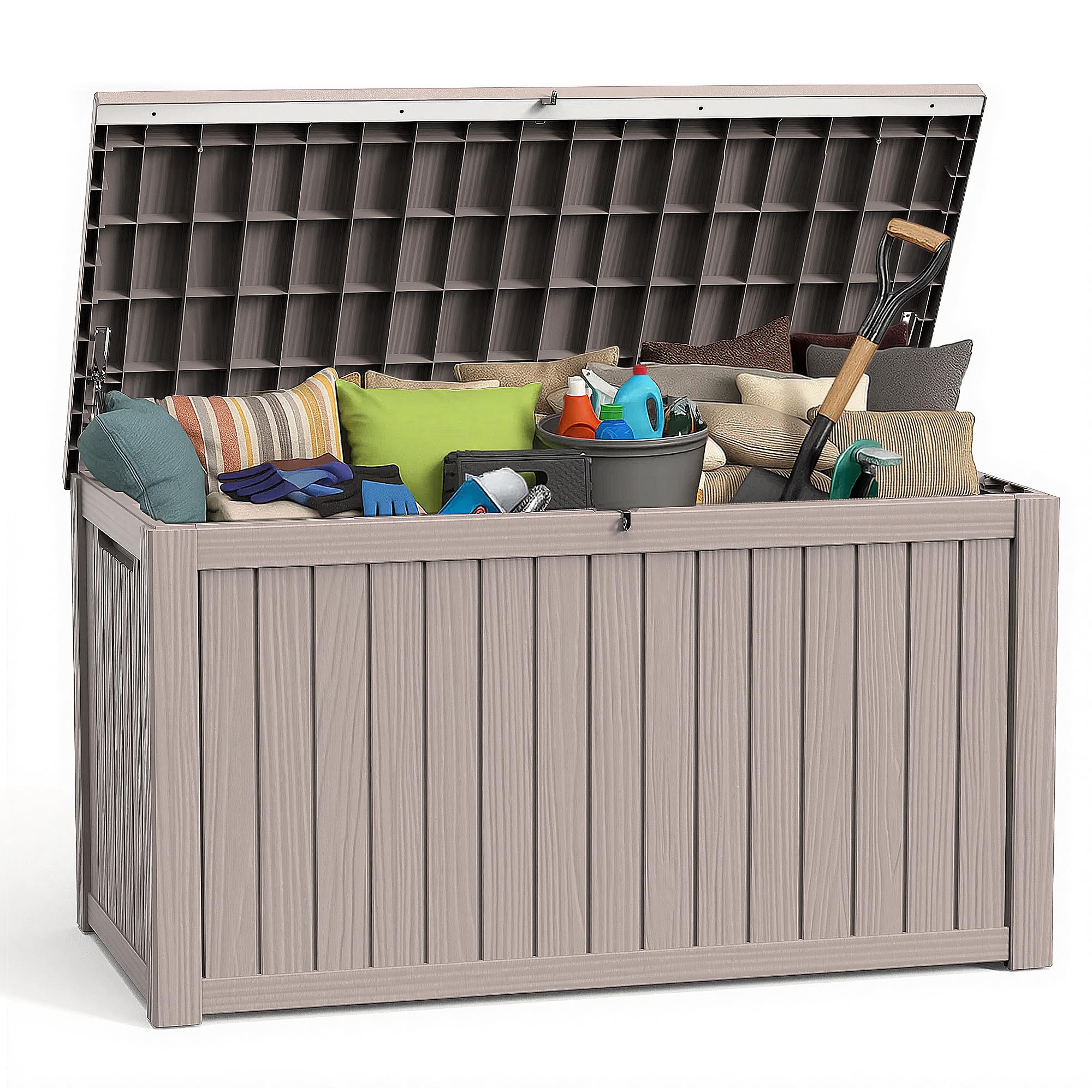 ROJIK Outdoor Storage Housing Deck Box - Waterproof Patio Furniture, Garden Tools, Cushions, Pool Accessories Storage Bench with Lockable Lid and Side Handles (Grey 200 Gal)