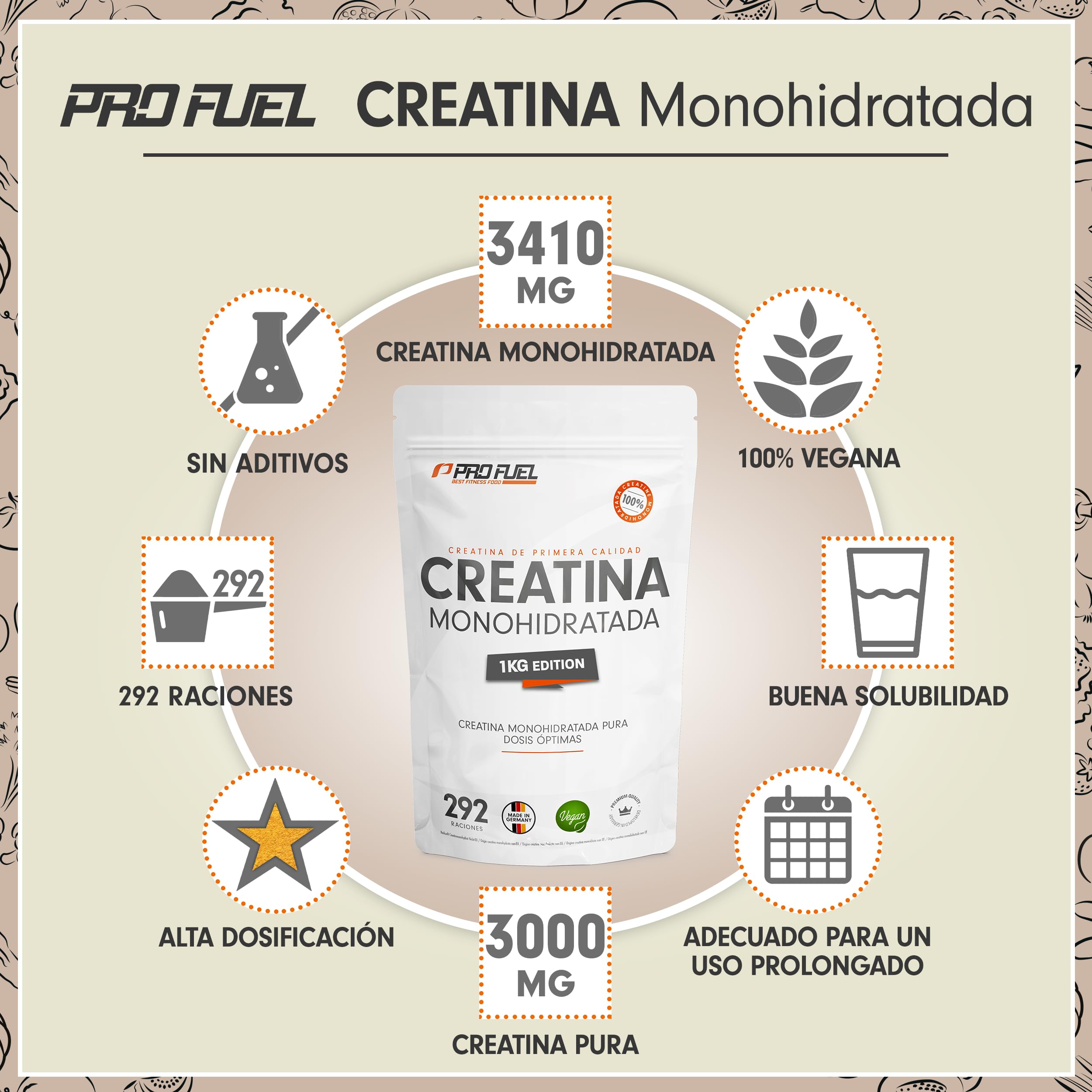 Creatina monohidratada en polvo 1kg / 1000g - calidad micronizada - óptimamente dosificada - creatina pura sin aditivos - 100% vegana - para 292 dias