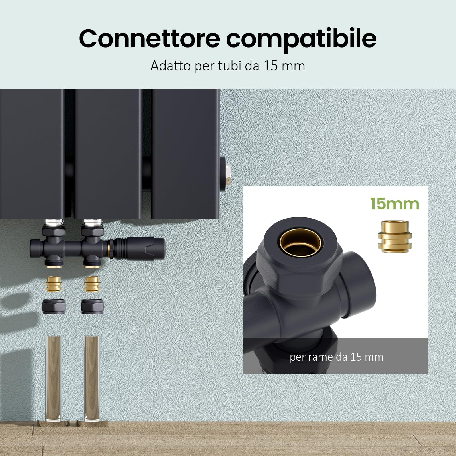 S'AFIELINA Multiblock Termoarredo Radiatore Antracite 1 Pezzo | Set Valvola Termostatica per Radiatore Bagno e Termosifone, Attacco Parete o Pavimento, per Tubi Rame 15 mm, Cromato