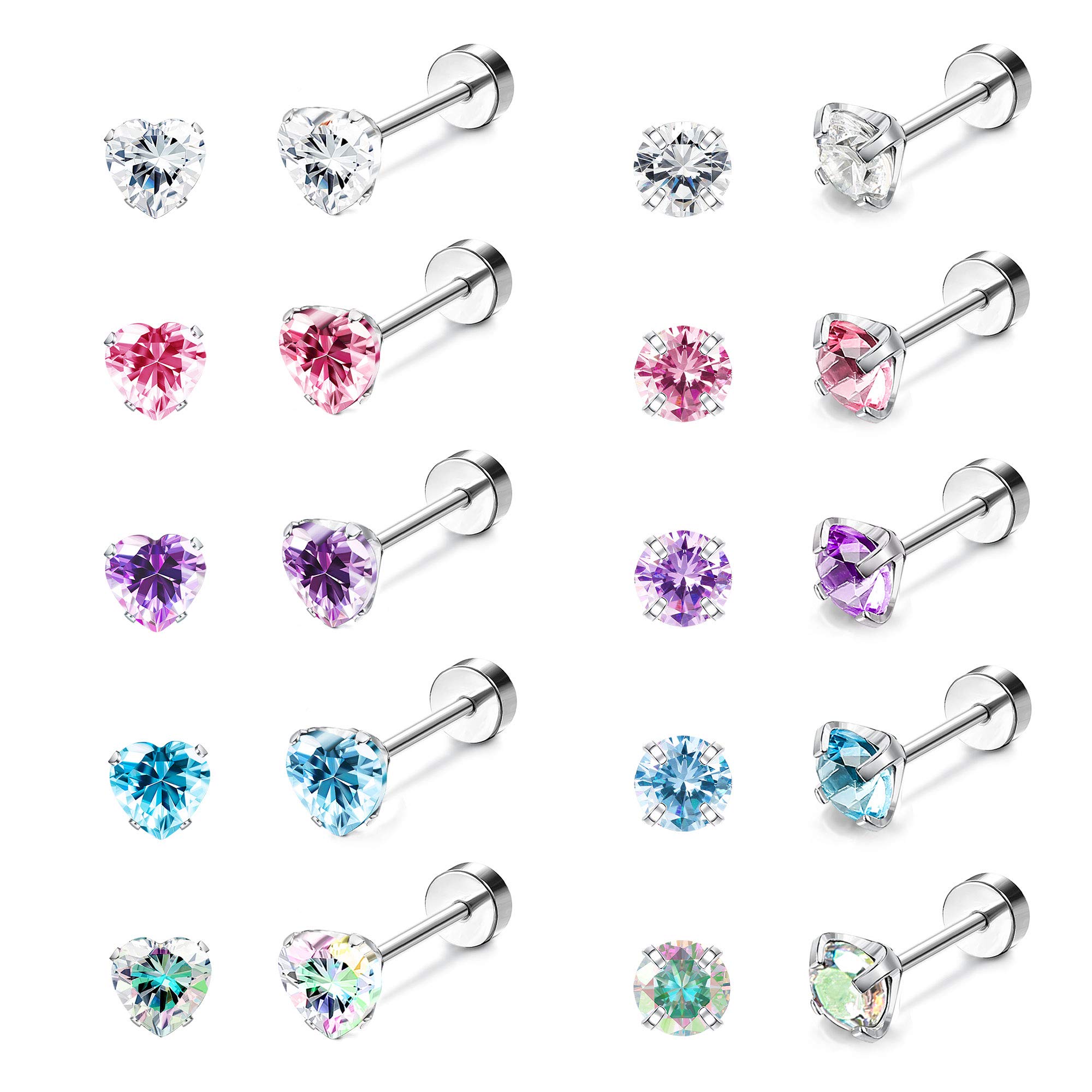 10 Pairs 18G Ear Stud Earrings for Women Stainless Steel Round Heart Cubic Zirconia Earrings Tragus Cartilage Piercing Barbell Screw Back Earrings Set 3MM
