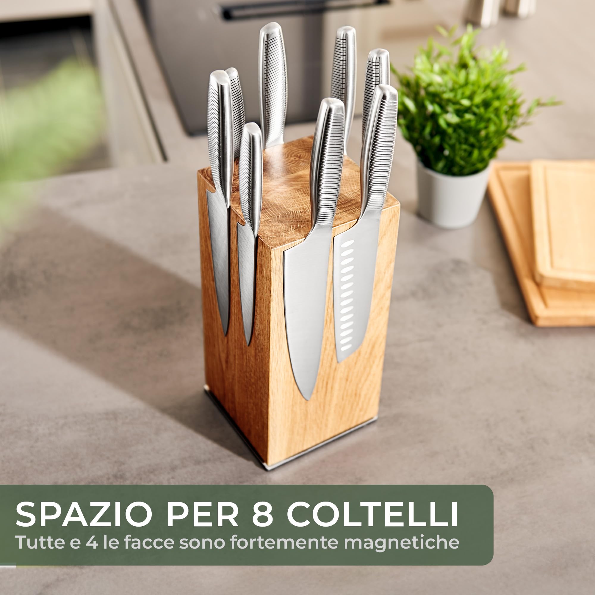 WALDWERK Design Ceppo Coltelli da cucina - porta coltelli cucina - magnetico e girevole in pregiato legno di quercia - portacoltelli da cucina