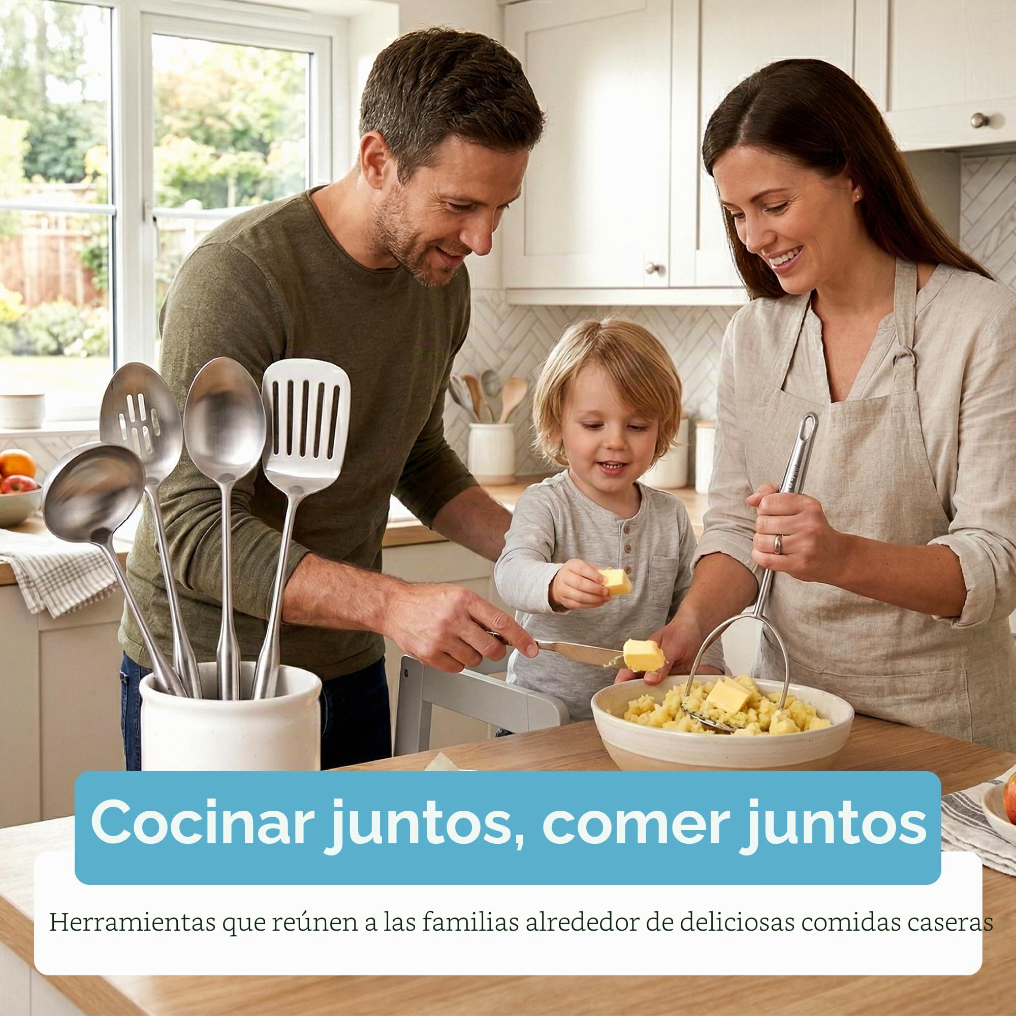 Millvado Juego de utensilios de acero inoxidable: juego de 6 utensilios de cocina para cocinar y servir, cuchara sólida, cuchara ranurada, espátula sólida, espátula ranurada, cucharón de sopa,