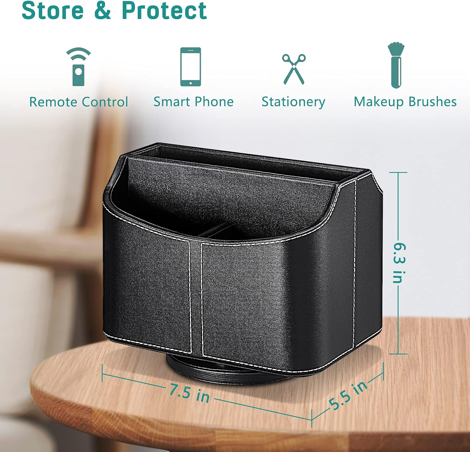 SITHON Rotating Remote Control Holder with 5 Compartments, Multifunctional PU Leather Spinning Remote Caddy Desk Supply Organizer Storage Box for iPad Mini Cell Phone Stationery TV Controller, Black : Office Products