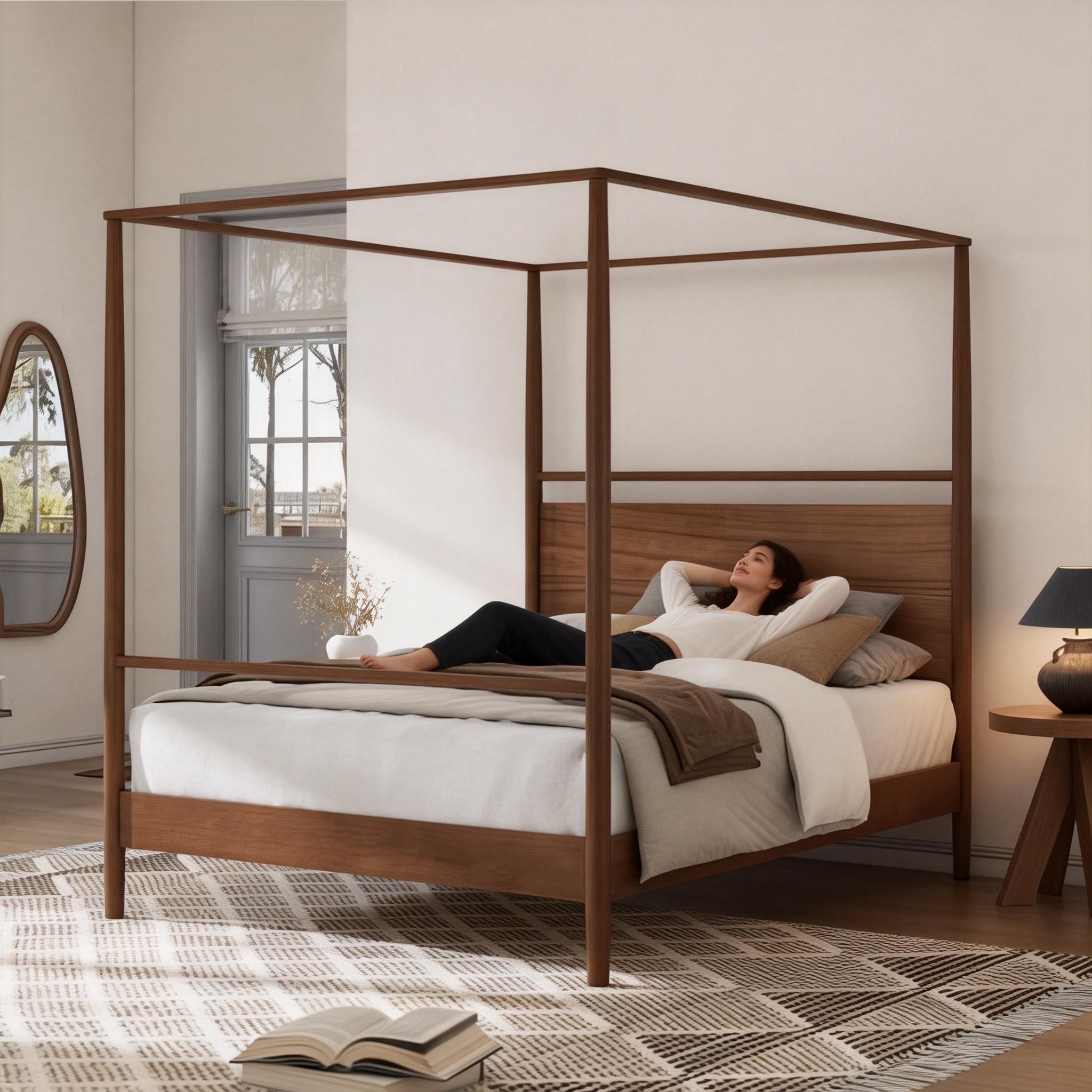 king size canopy bed frame with headboard, four-poster wood platform bed, no box spring needed (incomplete only box #2) 