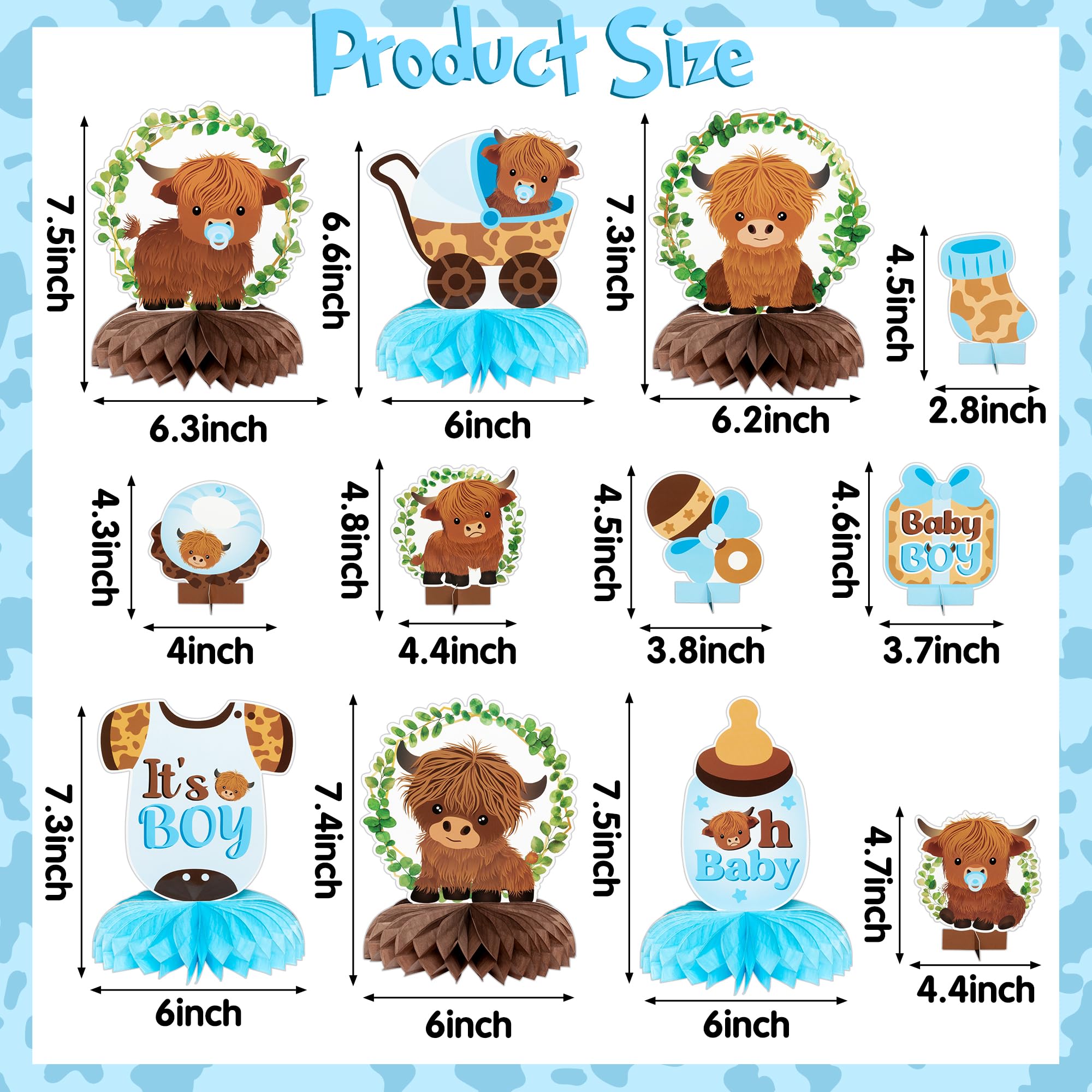 12Pcs Greenery Highland Cow Honeycomb Centerpieces Blue Highland Cattle Party Table Decoration It's a Boy Gender Reveal Cutout Welcome Baby Party Table Topper Photo Prop Decor