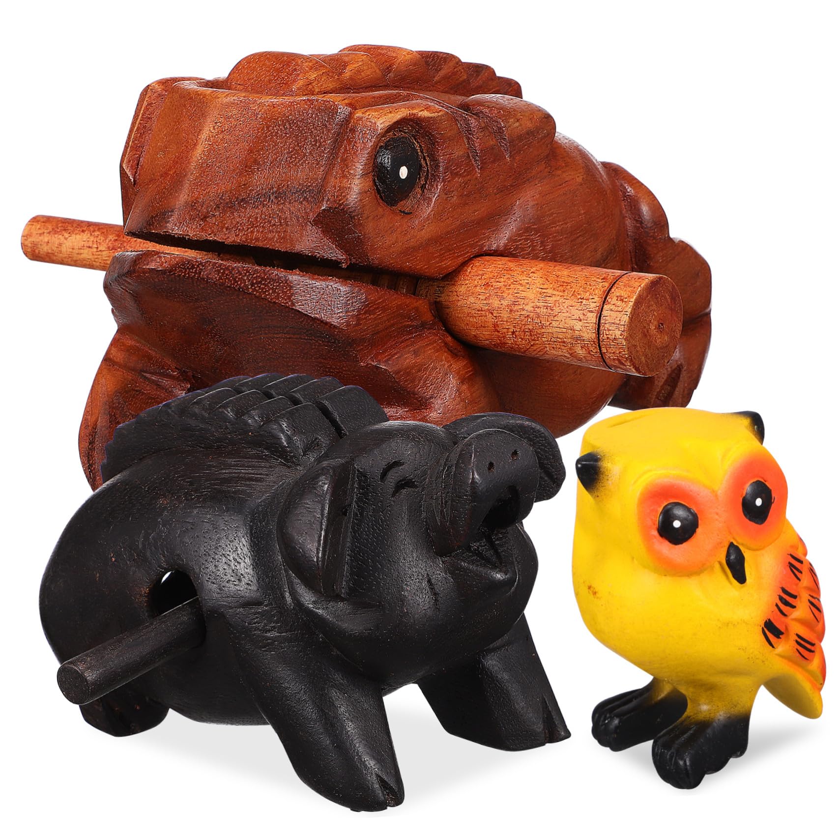TOPBATHY 3 Stück Teiliges Holz Klangtier mit Frosch Schwein Eule Kreatives Holz Schlaginstrument Percussion Sound Block für Deko und Geschenk Naturbelassenes Musikspielzeug