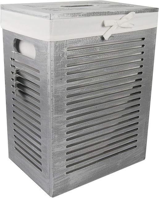 DVier Wooden Laundry Basket MDF Grey Ice Grey with Cover Lid Handles 35 x 25 Height 46 cm