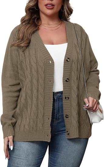 POSESHE Womens Plus Size Open Front Cardigan Sweaters Fashion Button Down Cable Knit Chunky Outwear Coats
