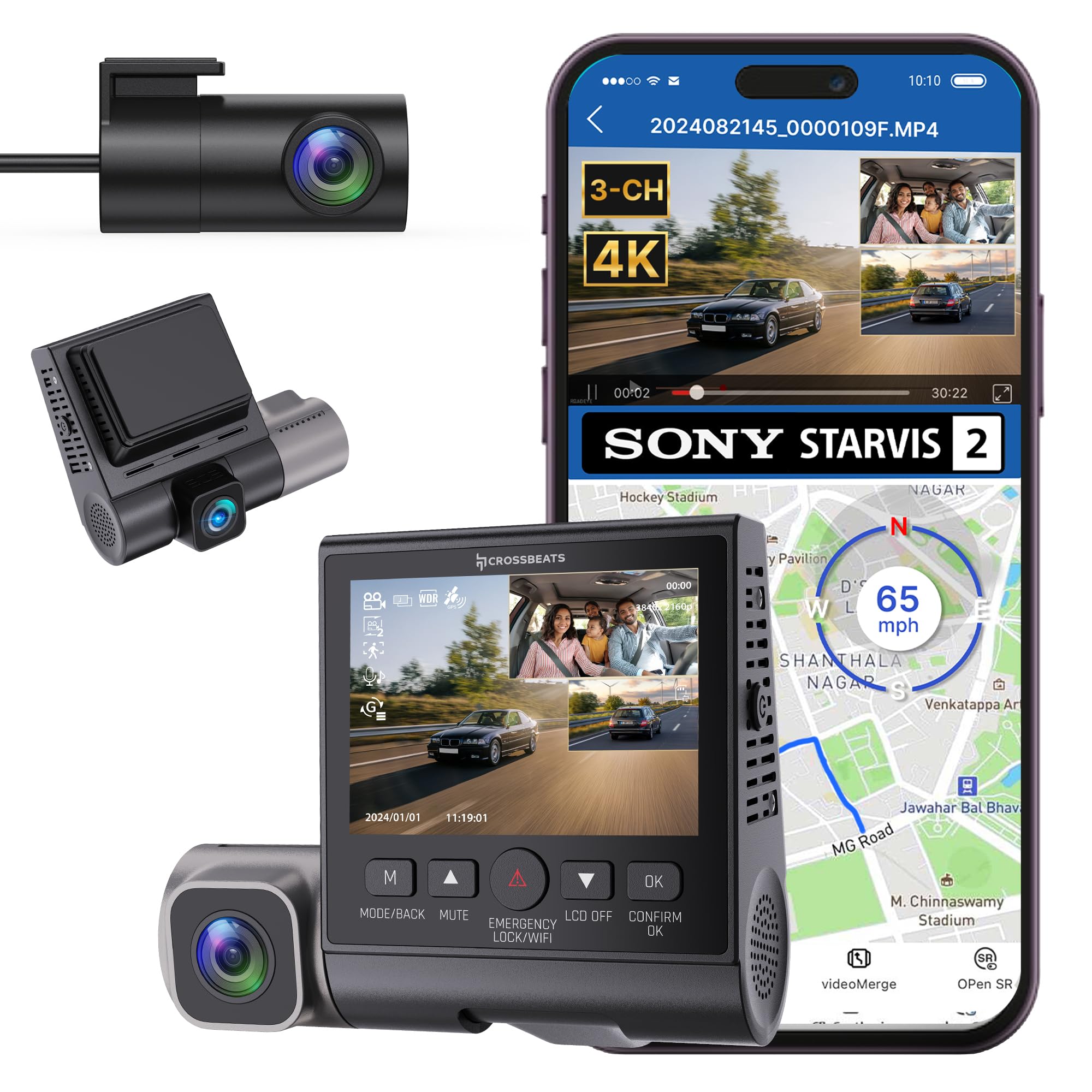 Crossbeats RoadEye 4.0 4k 3 Channel Dash Cam for Car with SONY STARVIS 2 dashcam for car front and rear and 360 Cabin, WiFi 6, 24hr Park mode, loop recording, GPS, Night Vision, G - Sensor, Wide angle-image-28